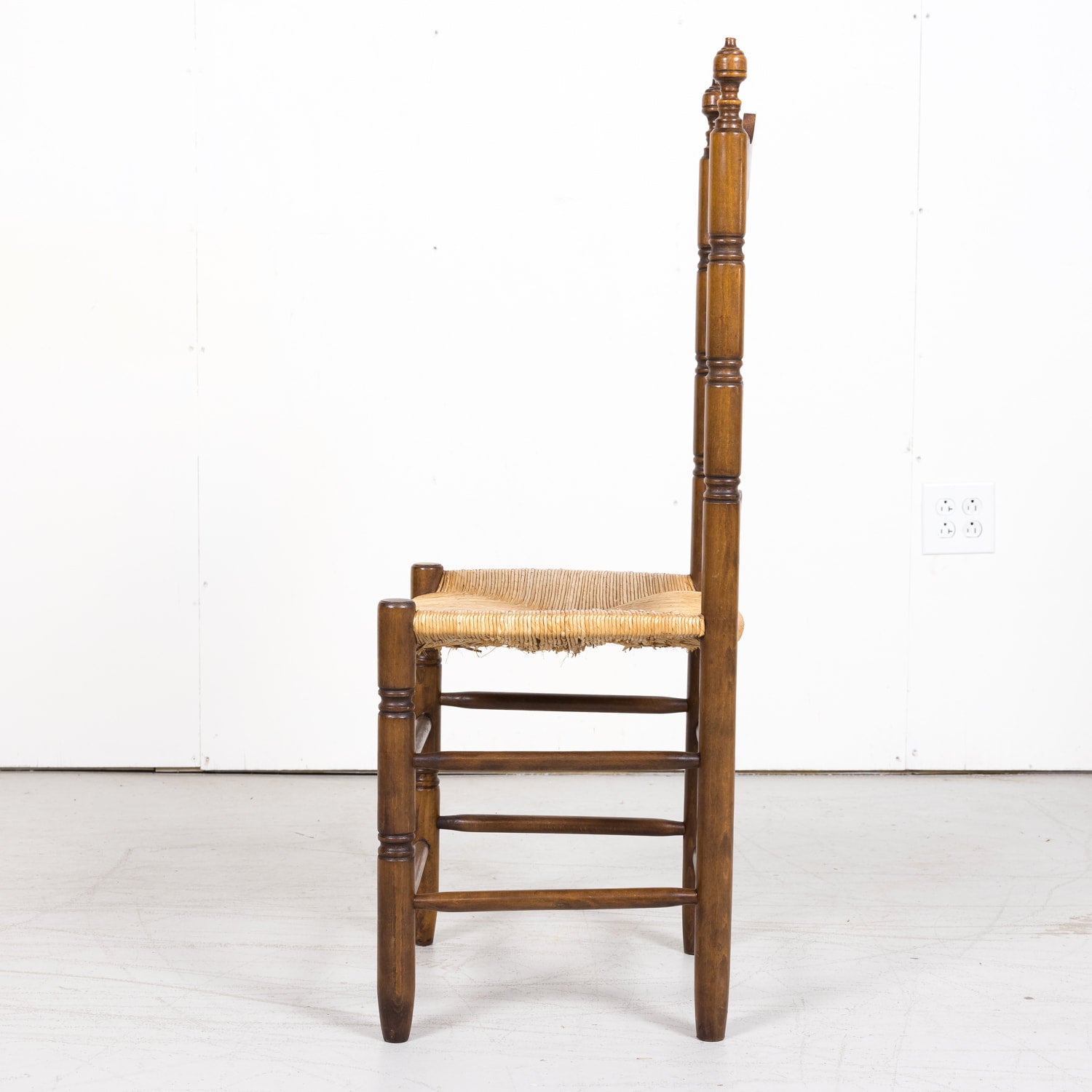 Set of 6 Antique French Country Walnut Ladder Back Chairs with Rush Slip Seats