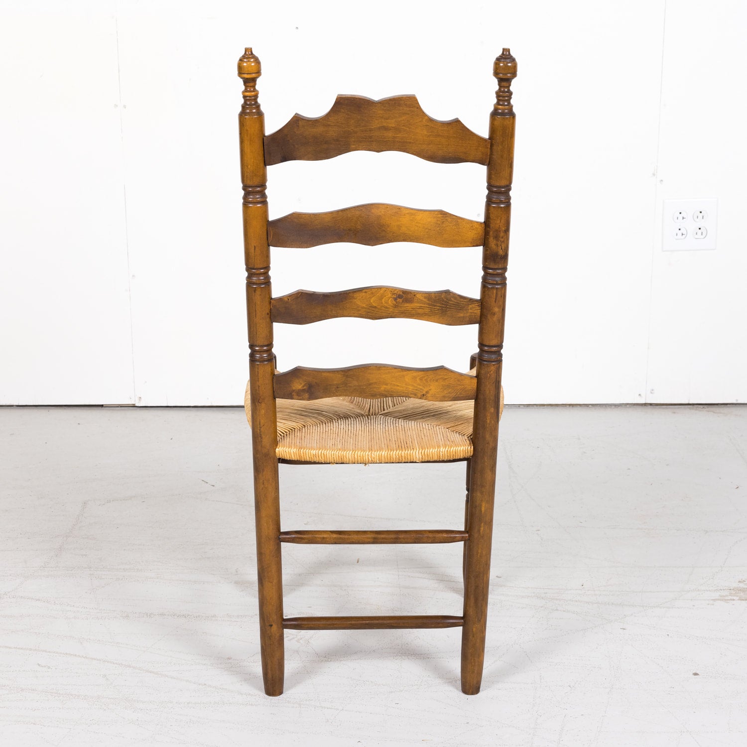 Set of 6 Antique French Country Walnut Ladder Back Chairs with Rush Slip Seats