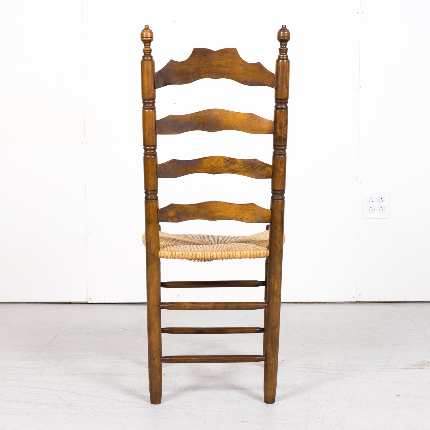 Set of 6 Antique French Country Walnut Ladder Back Chairs with Rush Slip Seats