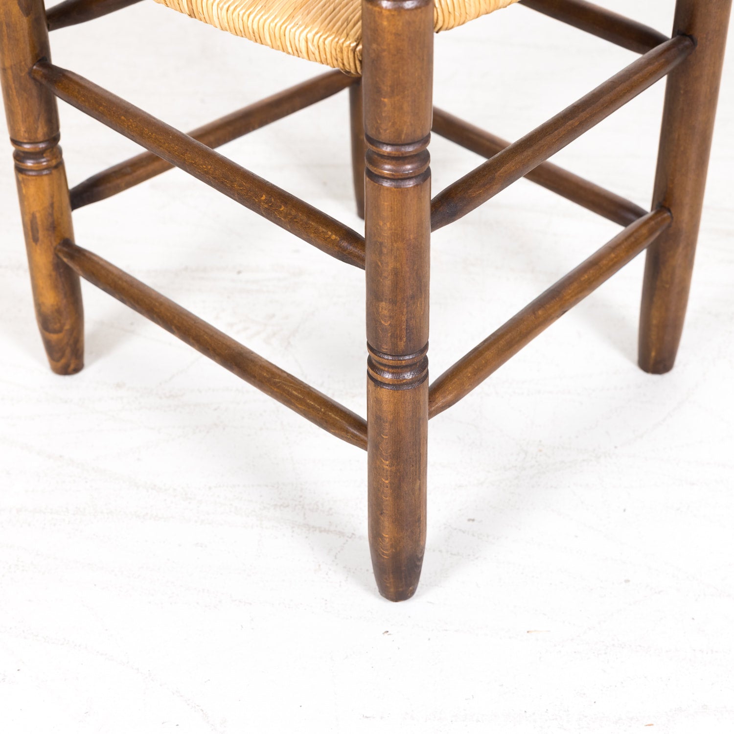 Set of 6 Antique French Country Walnut Ladder Back Chairs with Rush Slip Seats