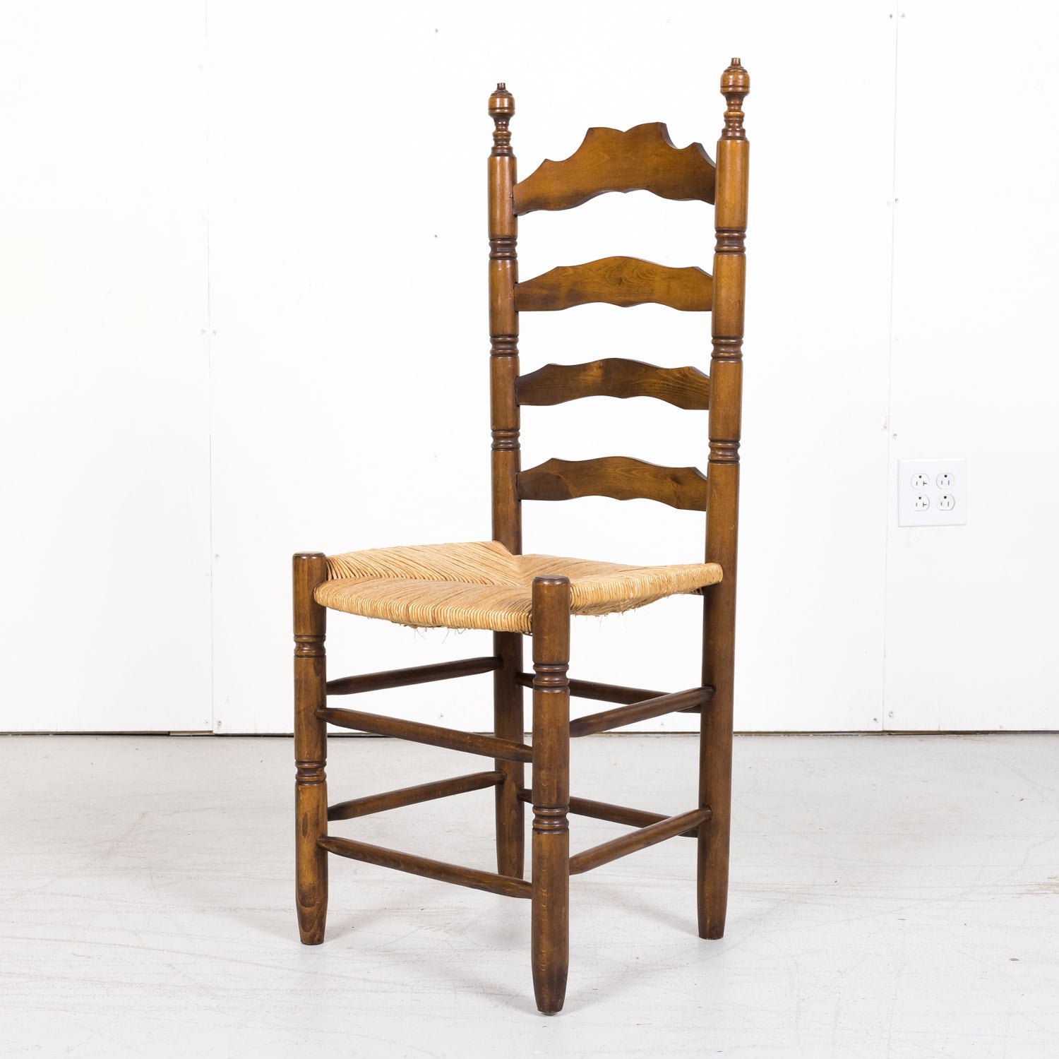 Set of 6 Antique French Country Walnut Ladder Back Chairs with Rush Slip Seats