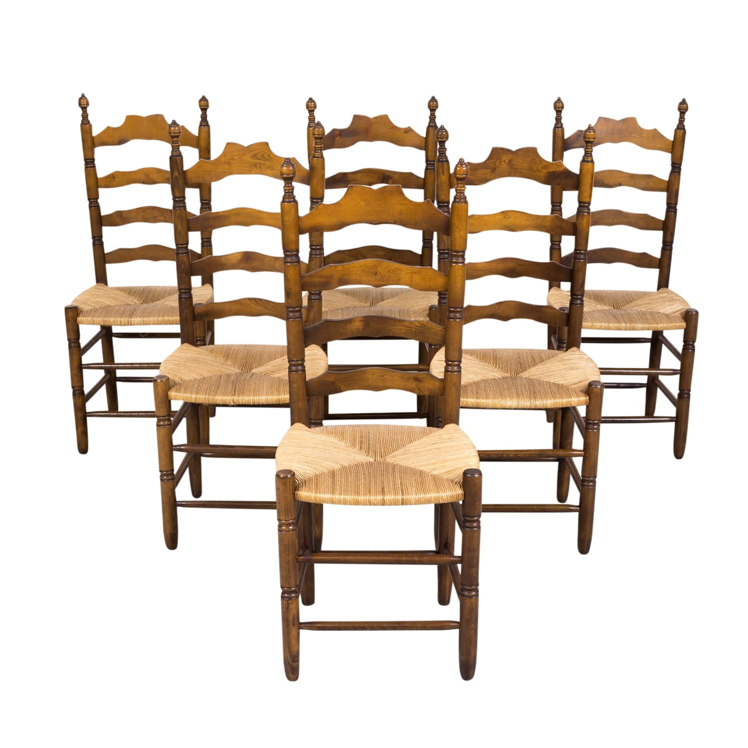 Set of 6 Antique French Country Walnut Ladder Back Chairs with Rush Slip Seats