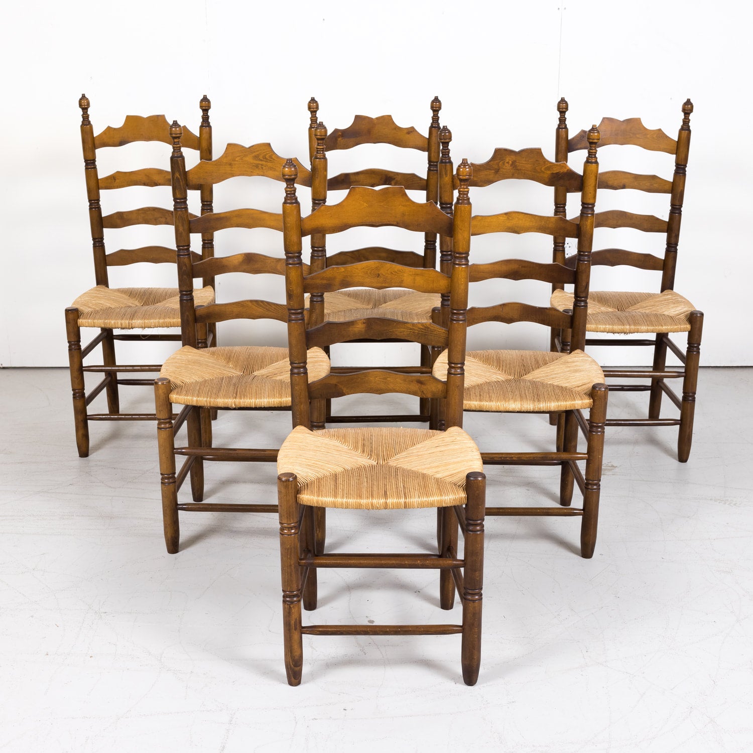 Set of 6 Antique French Country Walnut Ladder Back Chairs with Rush Slip Seats