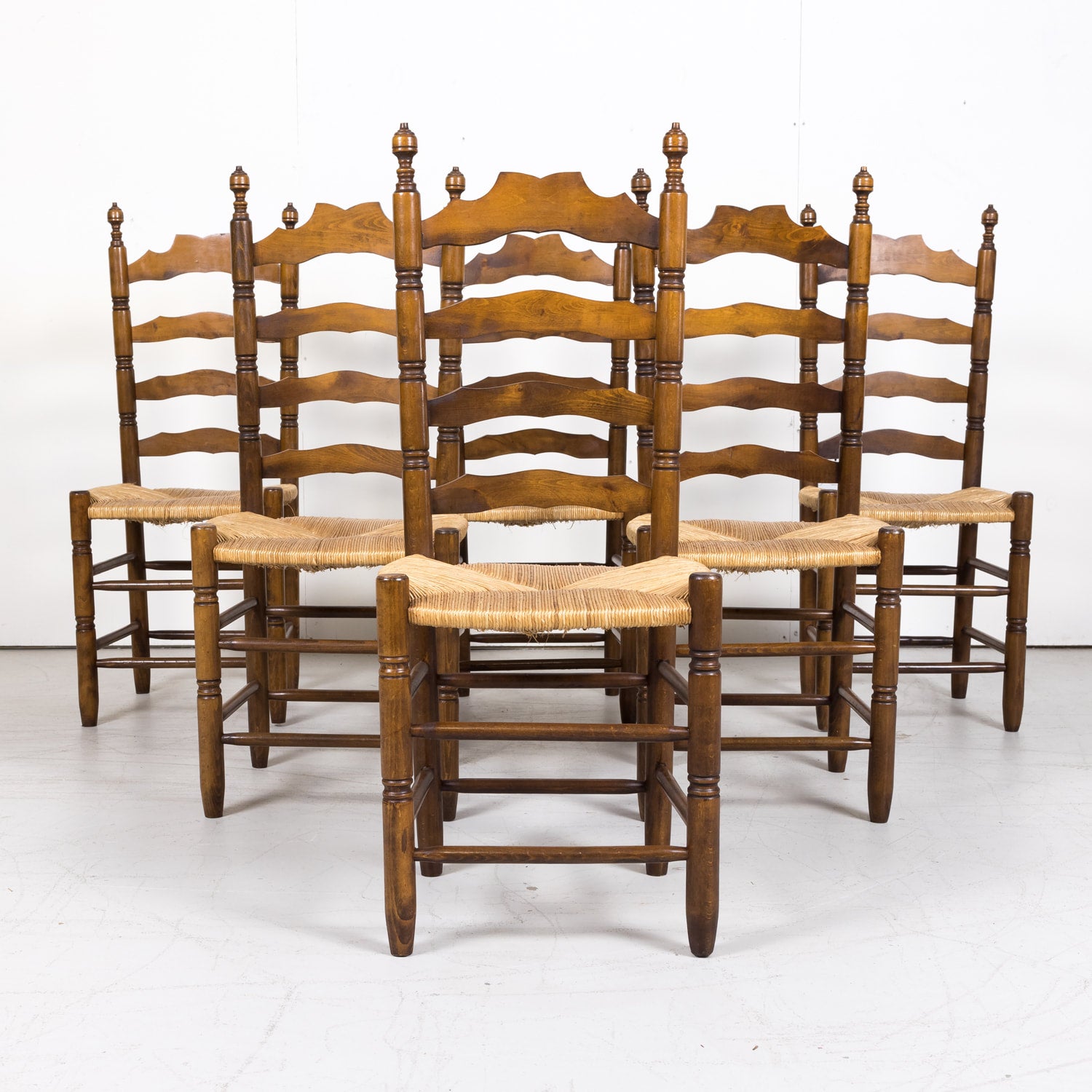 Set of 6 Antique French Country Walnut Ladder Back Chairs with Rush Slip Seats