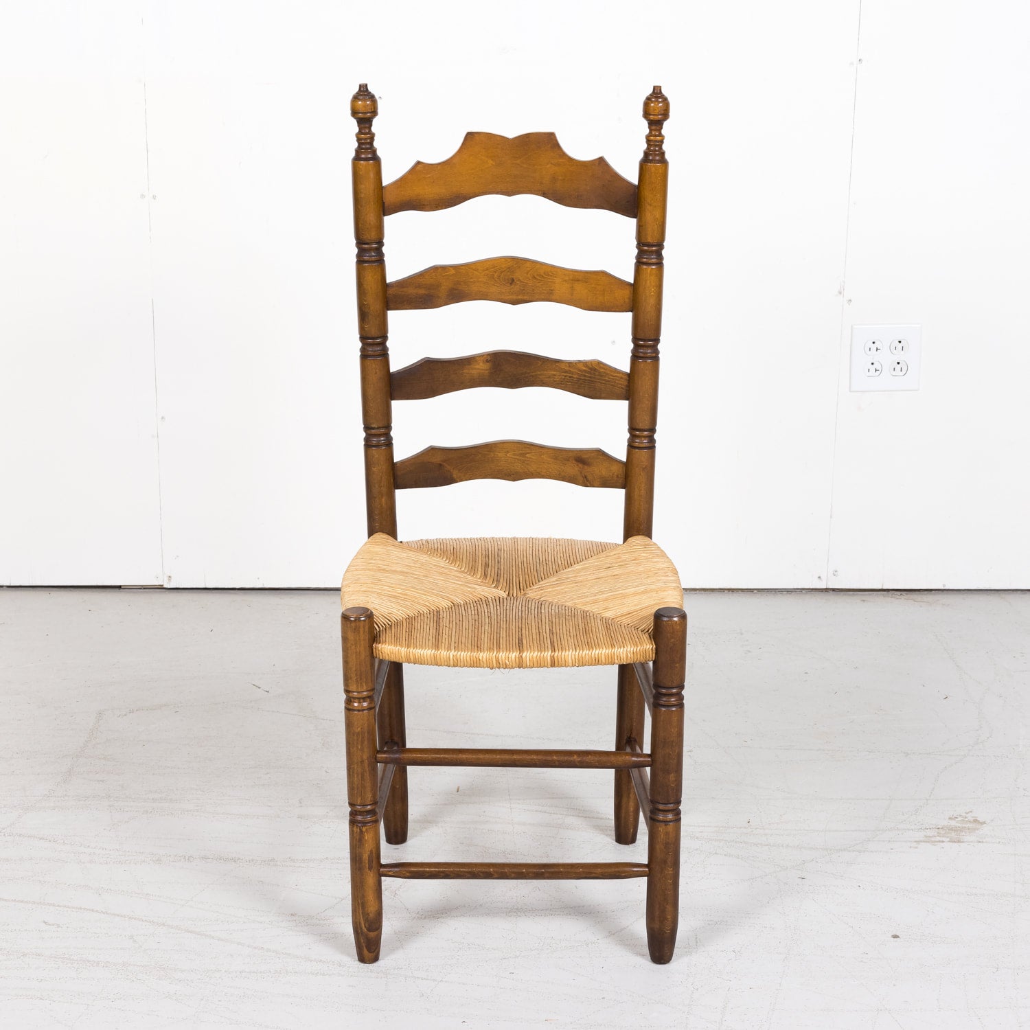 Set of 6 Antique French Country Walnut Ladder Back Chairs with Rush Slip Seats