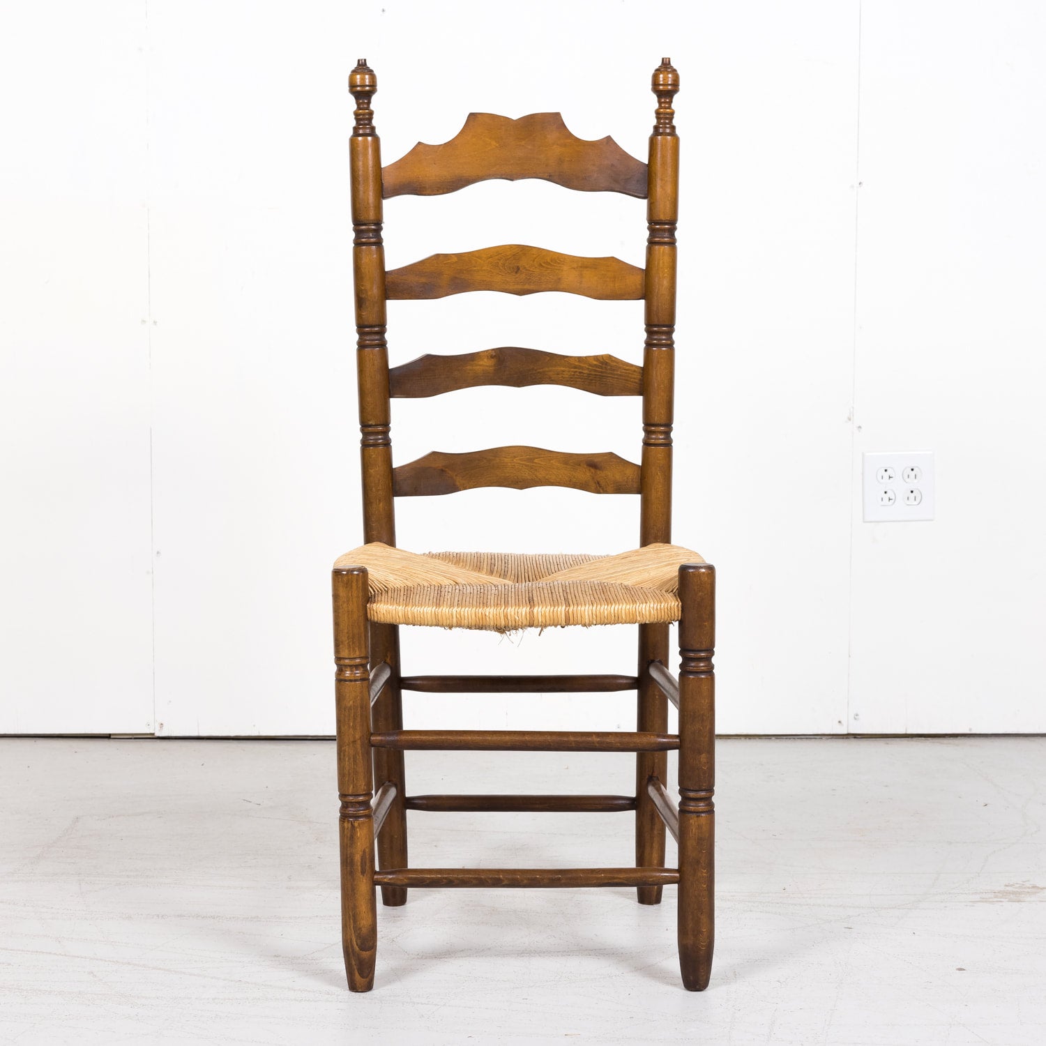 Set of 6 Antique French Country Walnut Ladder Back Chairs with Rush Slip Seats