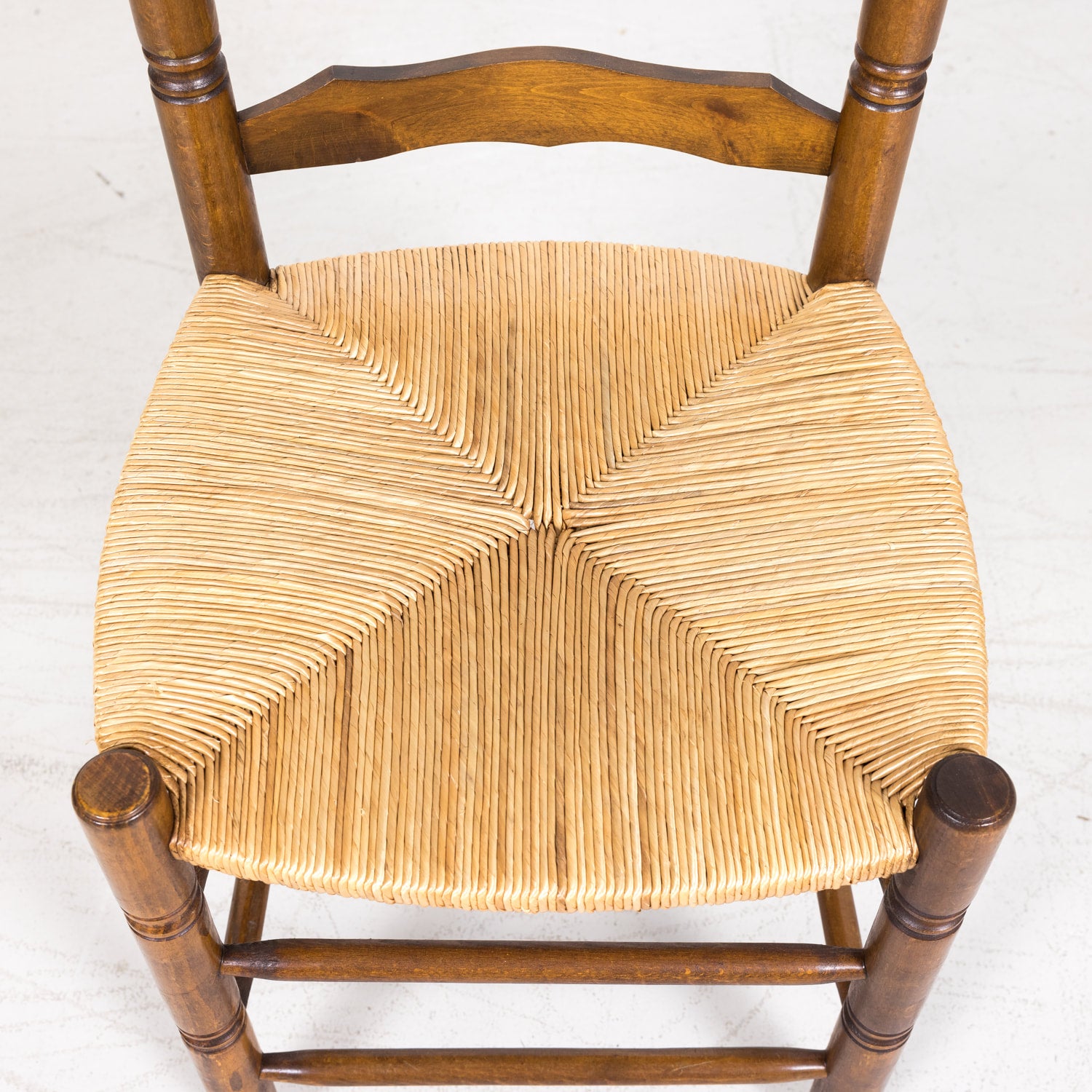 Set of 6 Antique French Country Walnut Ladder Back Chairs with Rush Slip Seats