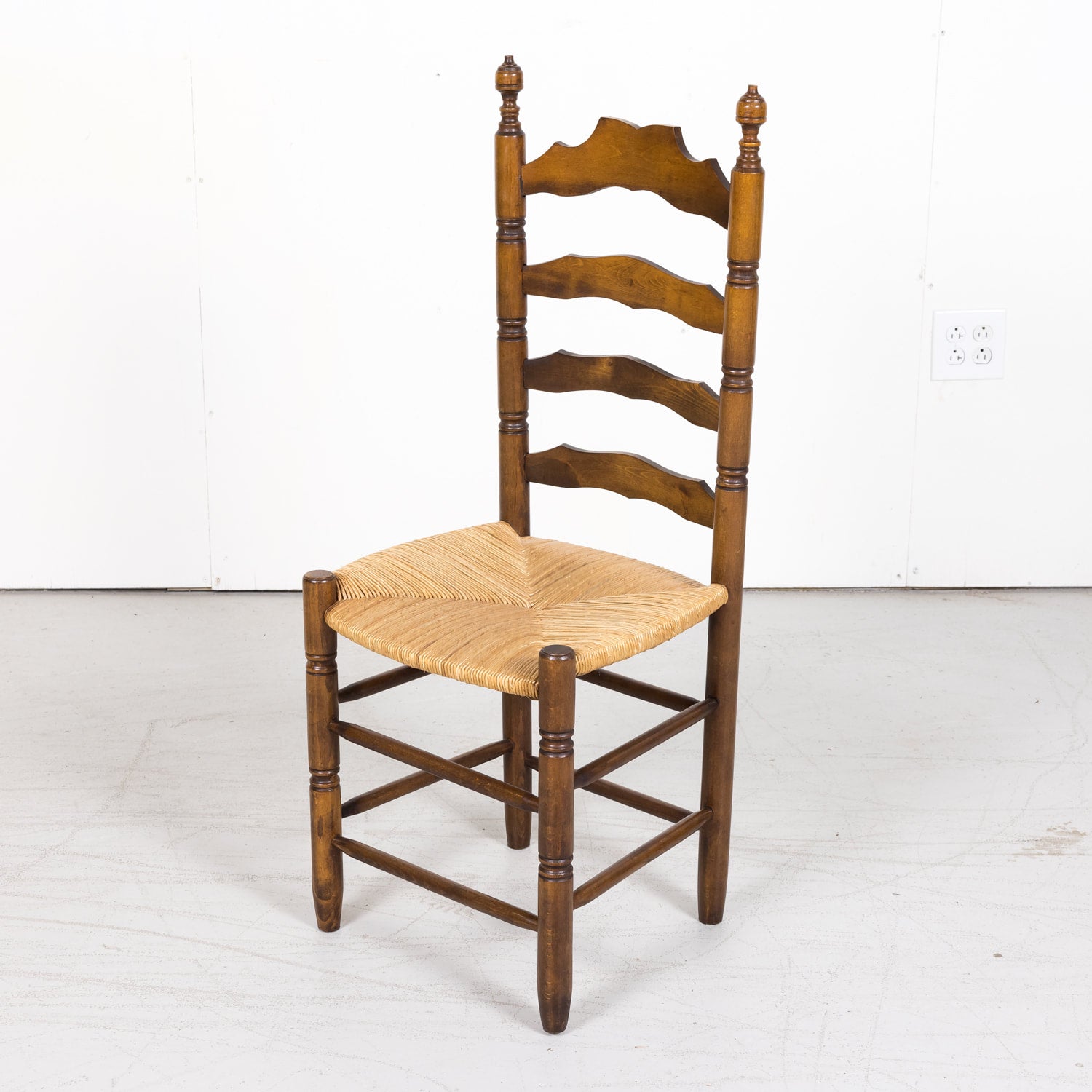 Set of 6 Antique French Country Walnut Ladder Back Chairs with Rush Slip Seats