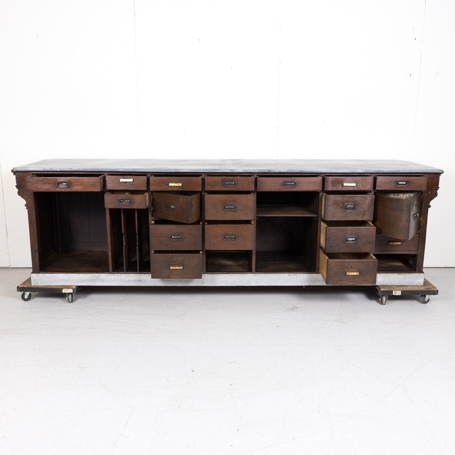 19th Century French Store or Reception Counter in Walnut with Zinc Top