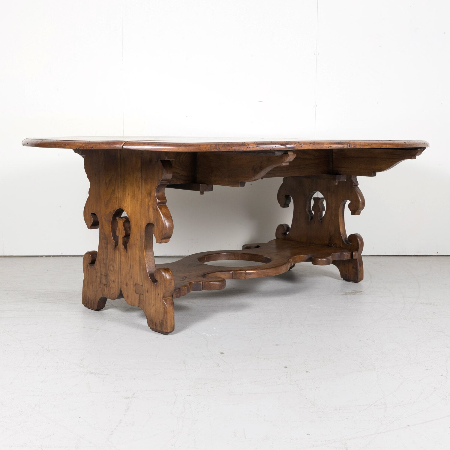 Large Carved French Chestnut Drop Leaf Oval Dining Table or Console Table
