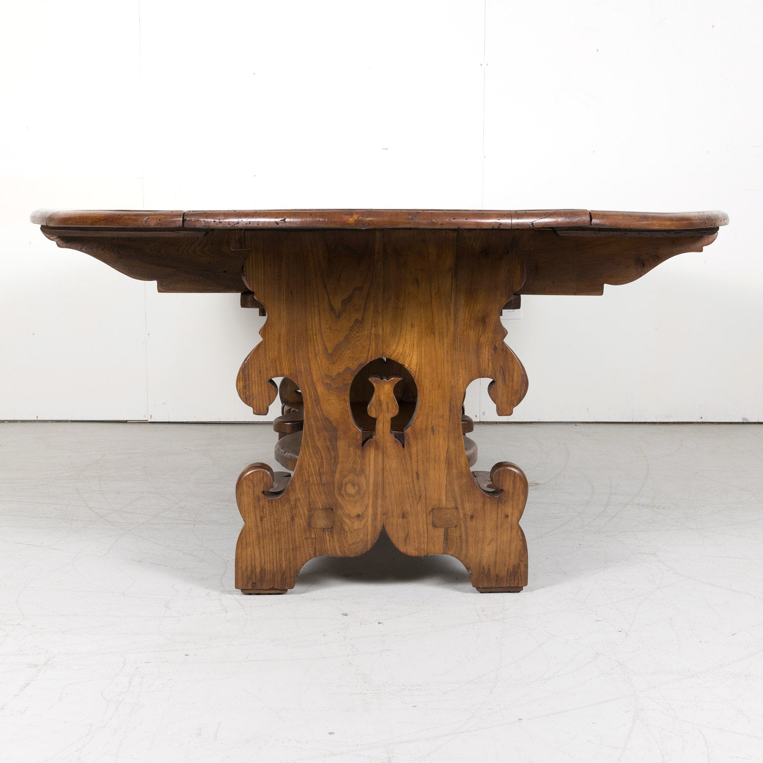 Large Carved French Chestnut Drop Leaf Oval Dining Table or Console Table