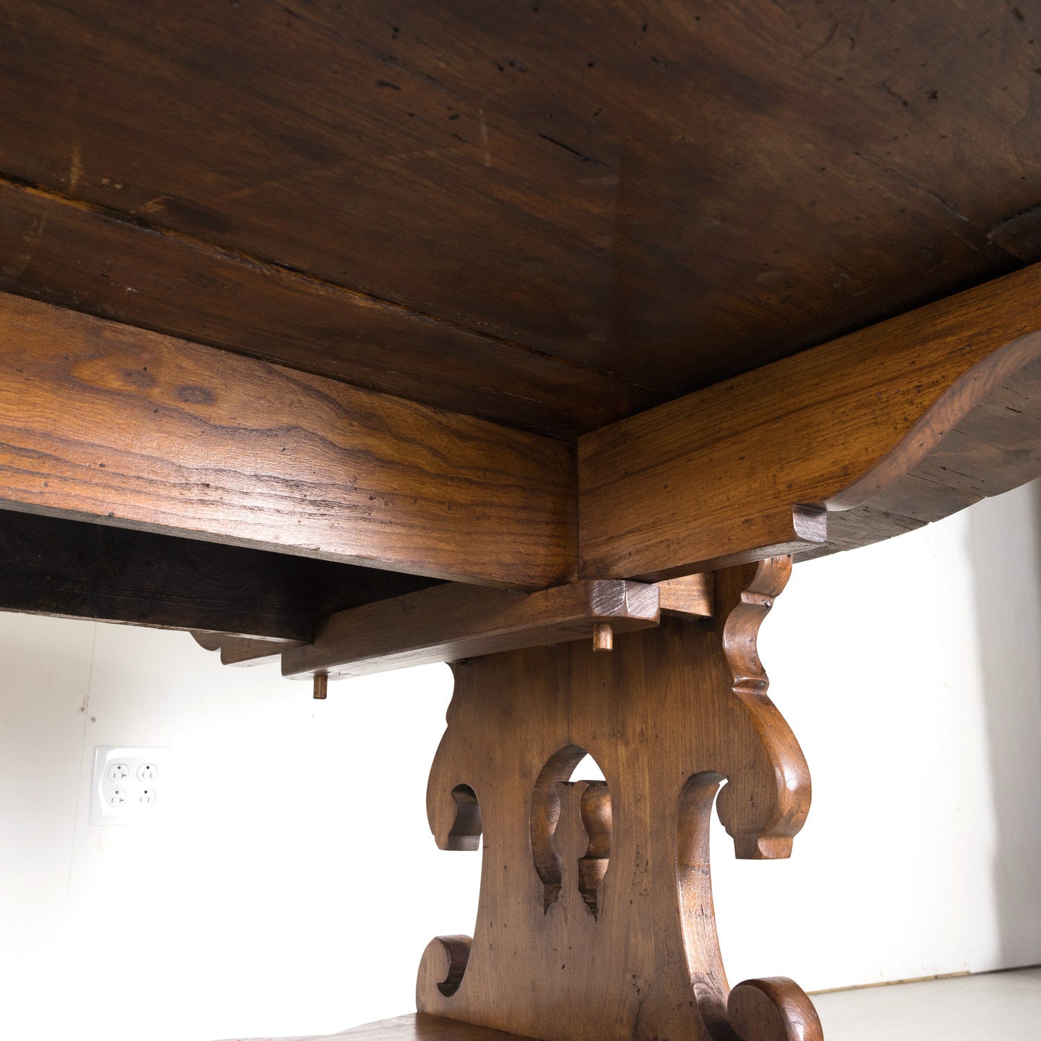 Large Carved French Chestnut Drop Leaf Oval Dining Table or Console Table