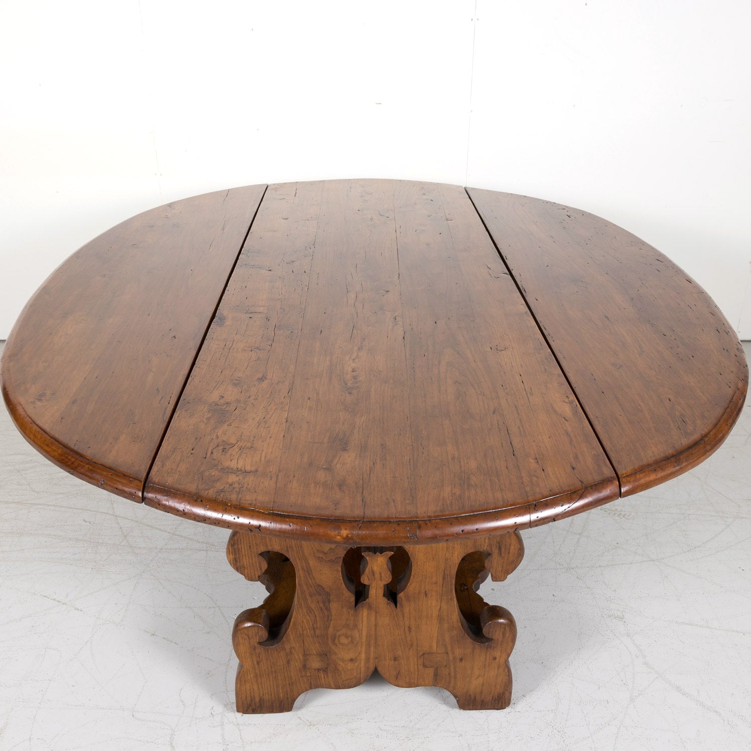 Large Carved French Chestnut Drop Leaf Oval Dining Table or Console Table
