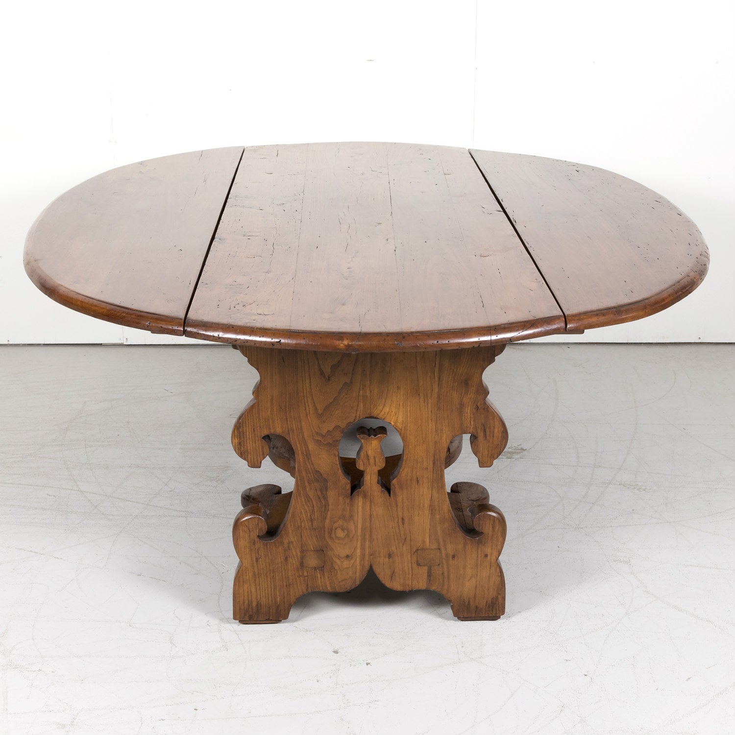 Large Carved French Chestnut Drop Leaf Oval Dining Table or Console Table