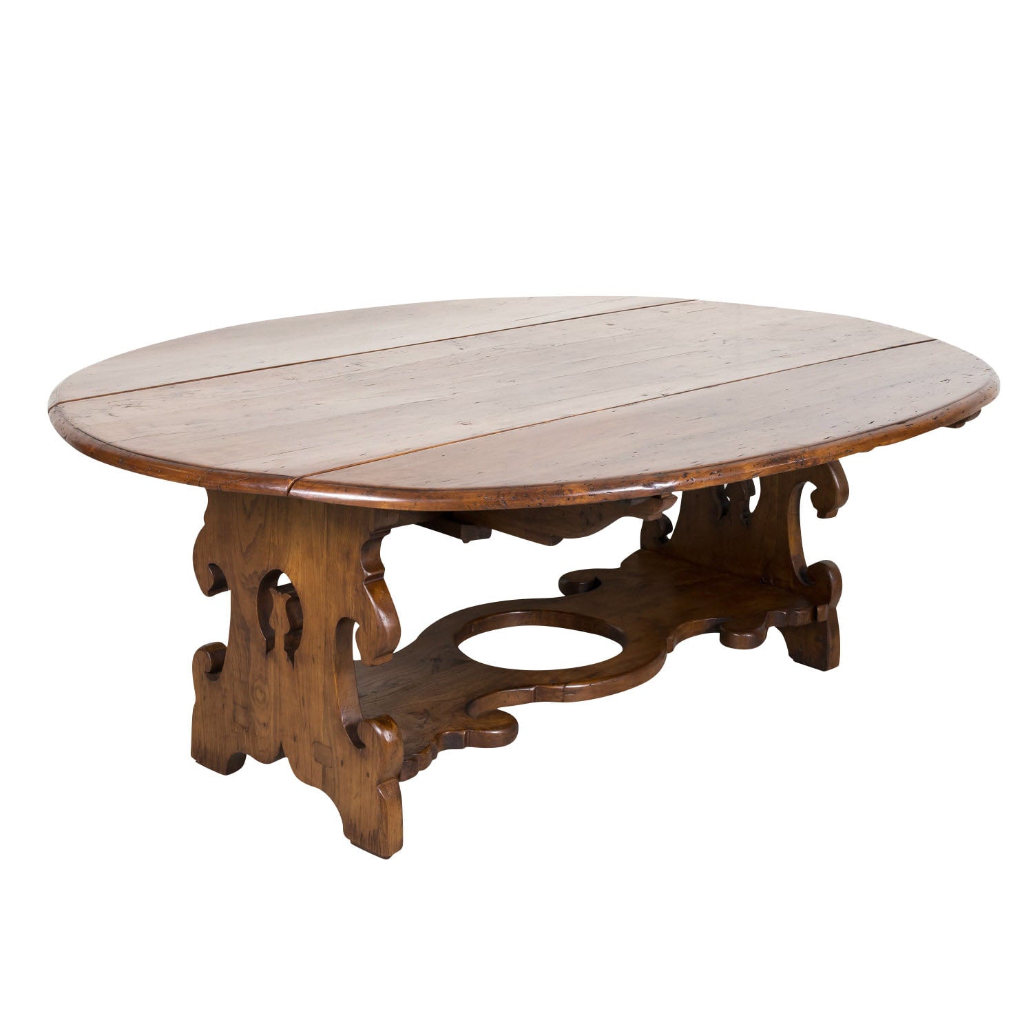 Large Carved French Chestnut Drop Leaf Oval Dining Table or Console Table