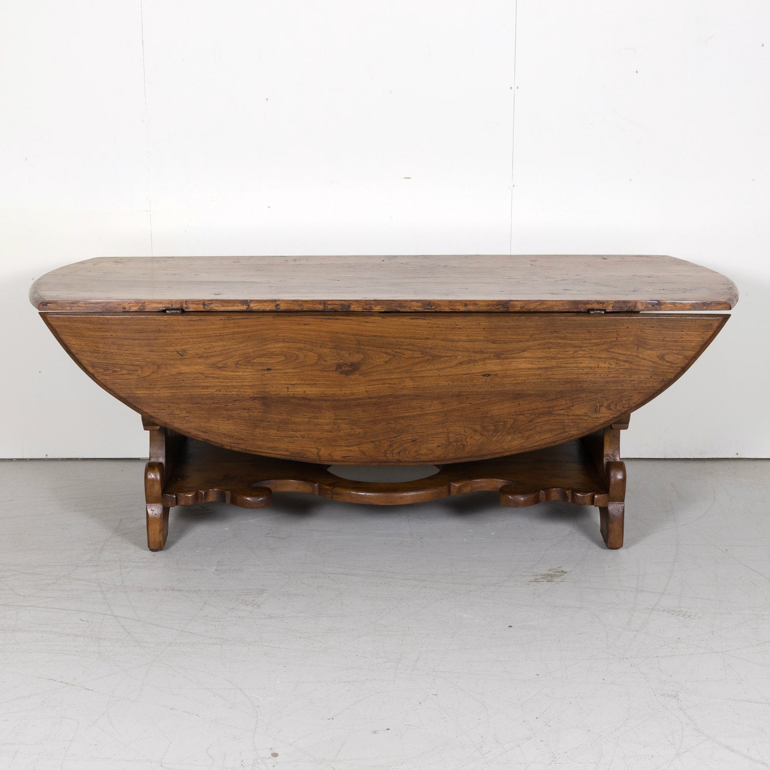 Large Carved French Chestnut Drop Leaf Oval Dining Table or Console Table