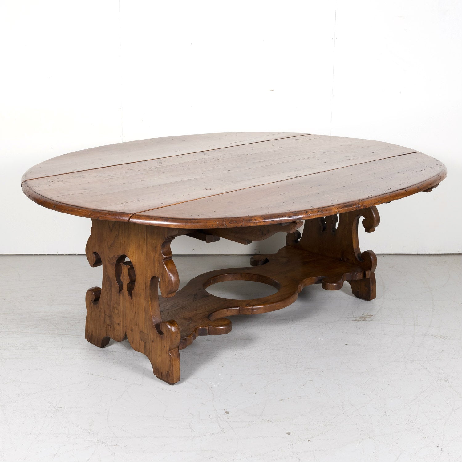 Large Carved French Chestnut Drop Leaf Oval Dining Table or Console Table