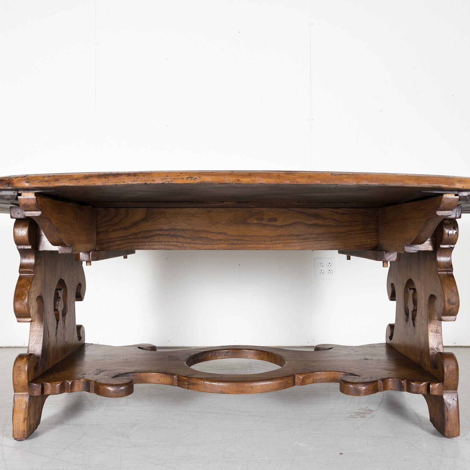 Large Carved French Chestnut Drop Leaf Oval Dining Table or Console Table