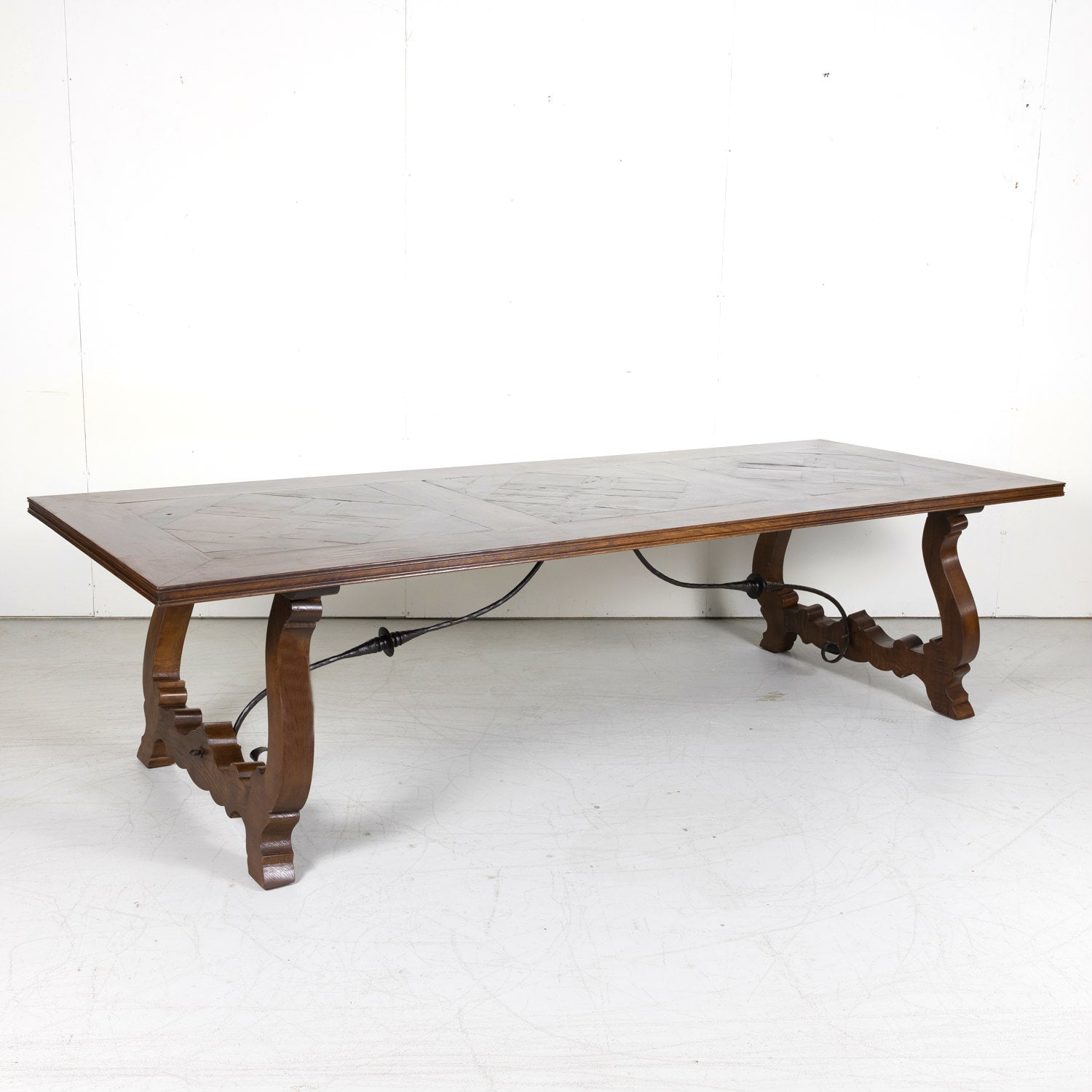 Large Antique French Walnut Trestle Table with Inset Parquet de Versailles Top and Iron Stretcher 