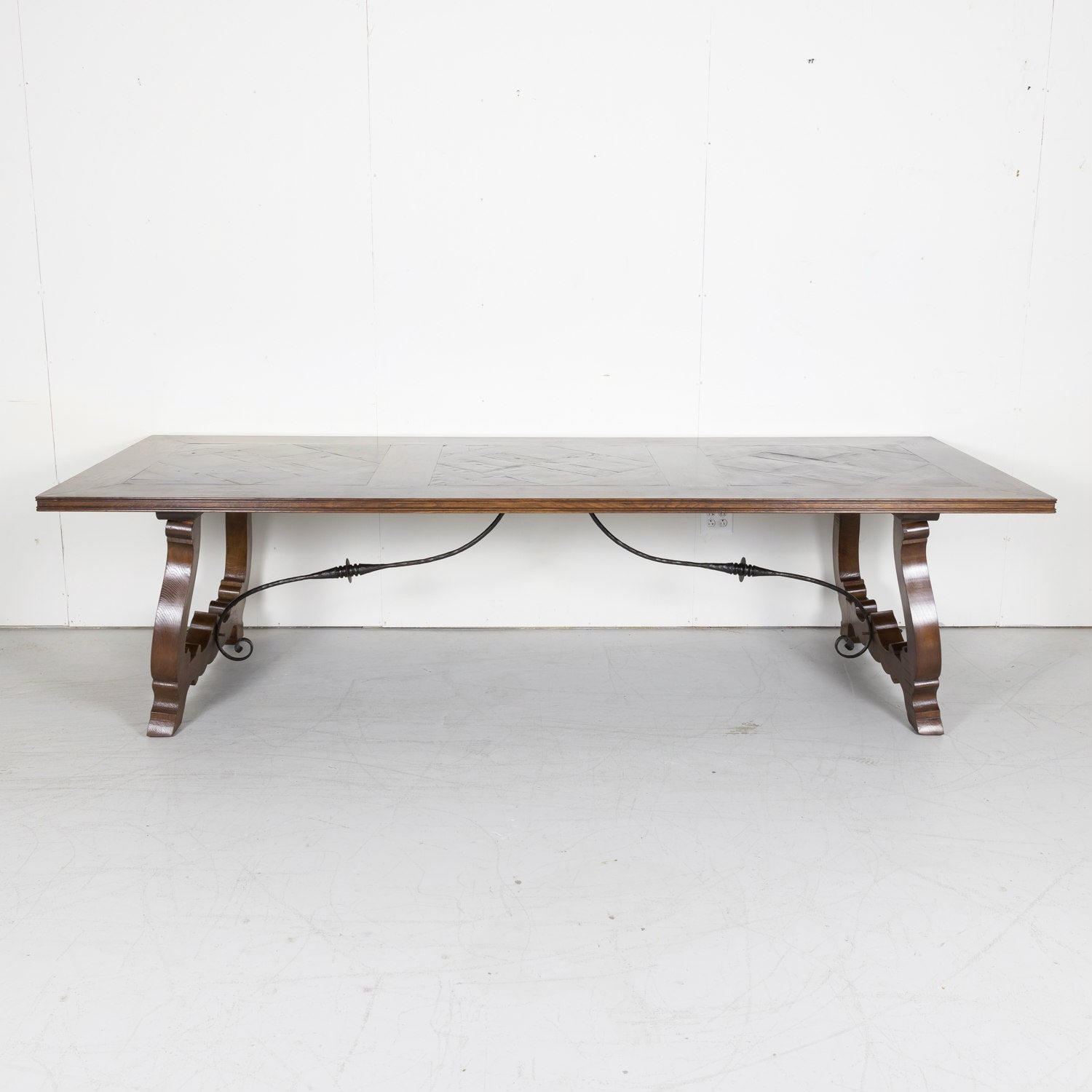 Large Antique French Walnut Trestle Table with Inset Parquet de Versailles Top and Iron Stretcher 