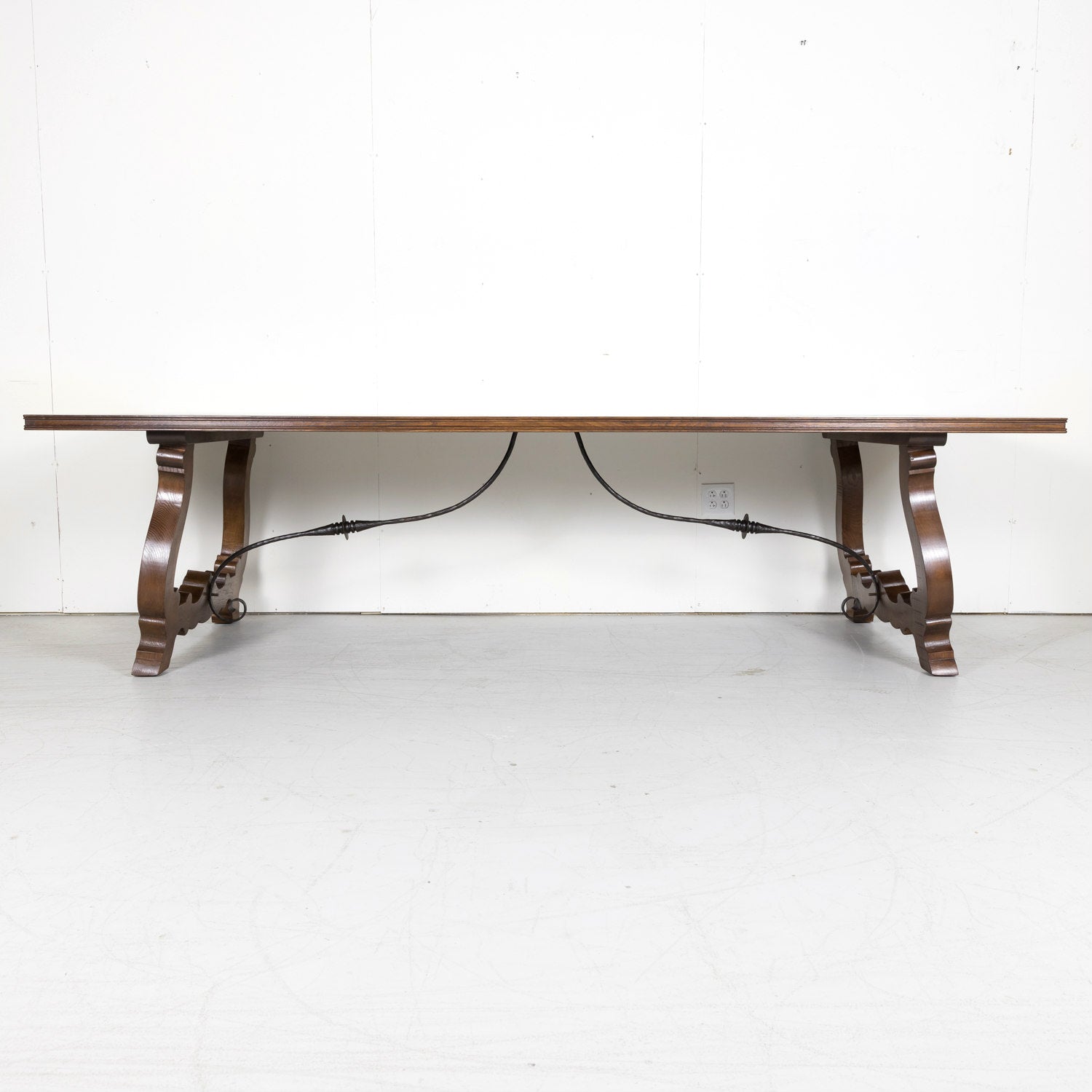 Large Antique French Walnut Trestle Table with Inset Parquet de Versailles Top and Iron Stretcher 