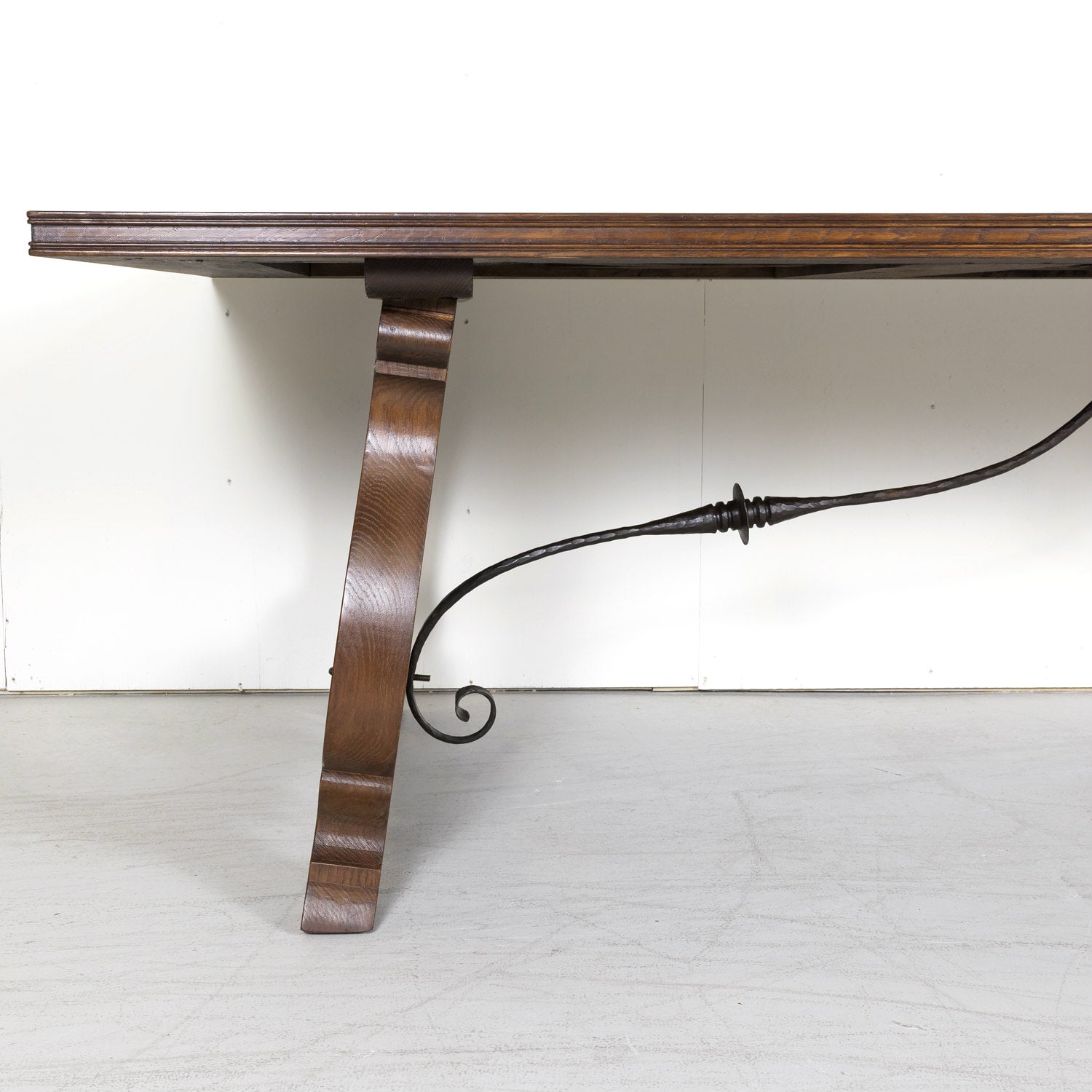 Large Antique French Walnut Trestle Table with Inset Parquet de Versailles Top and Iron Stretcher 