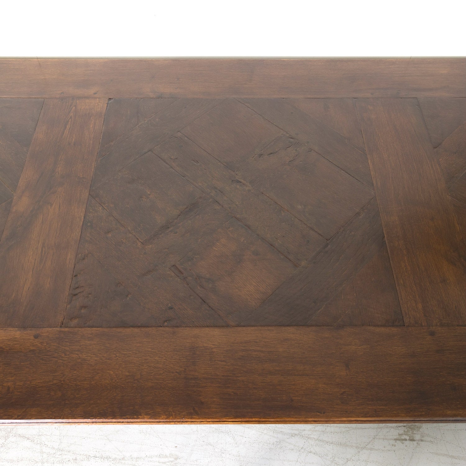 Large Antique French Walnut Trestle Table with Inset Parquet de Versailles Top and Iron Stretcher 