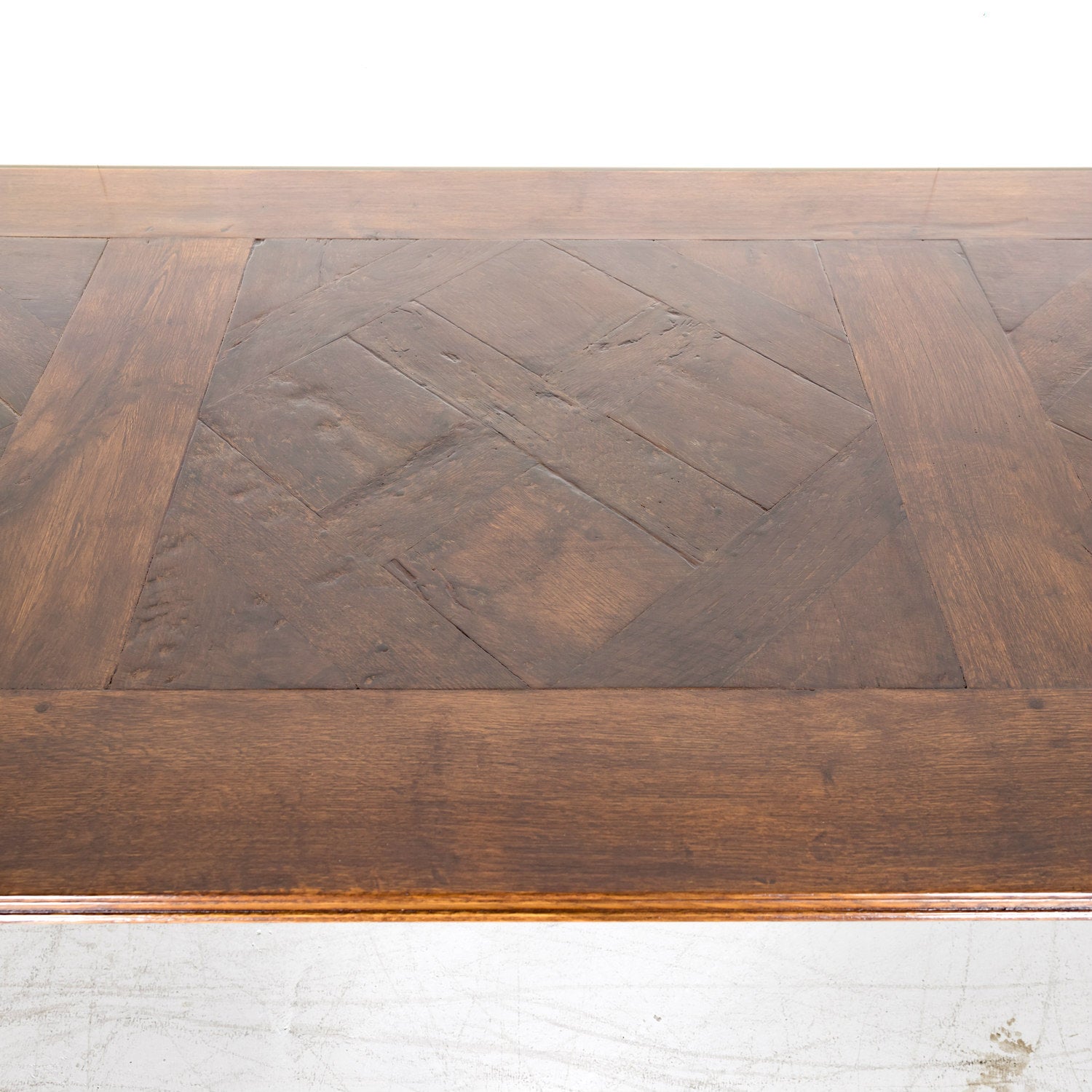 Large Antique French Walnut Trestle Table with Inset Parquet de Versailles Top and Iron Stretcher 