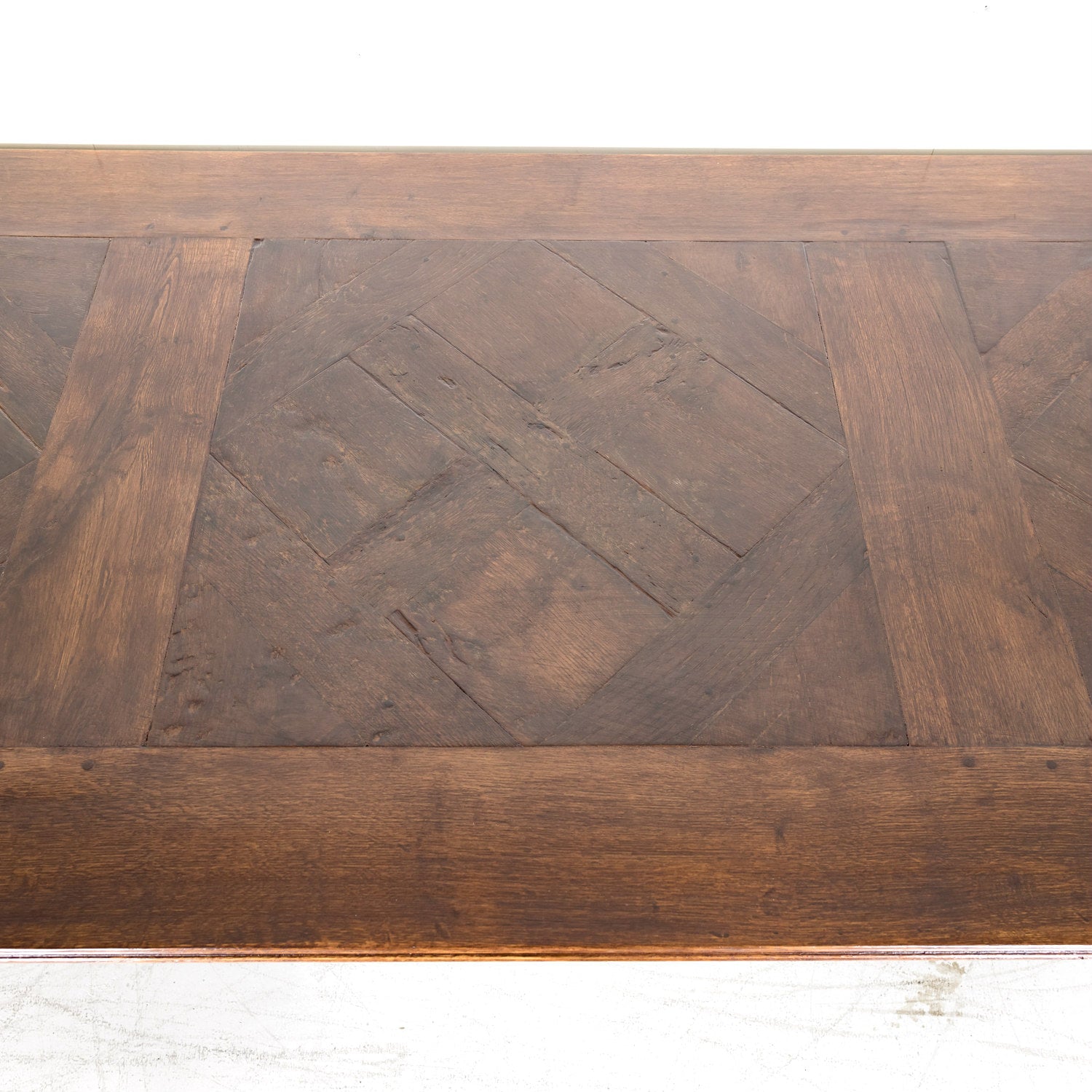Large Antique French Walnut Trestle Table with Inset Parquet de Versailles Top and Iron Stretcher 