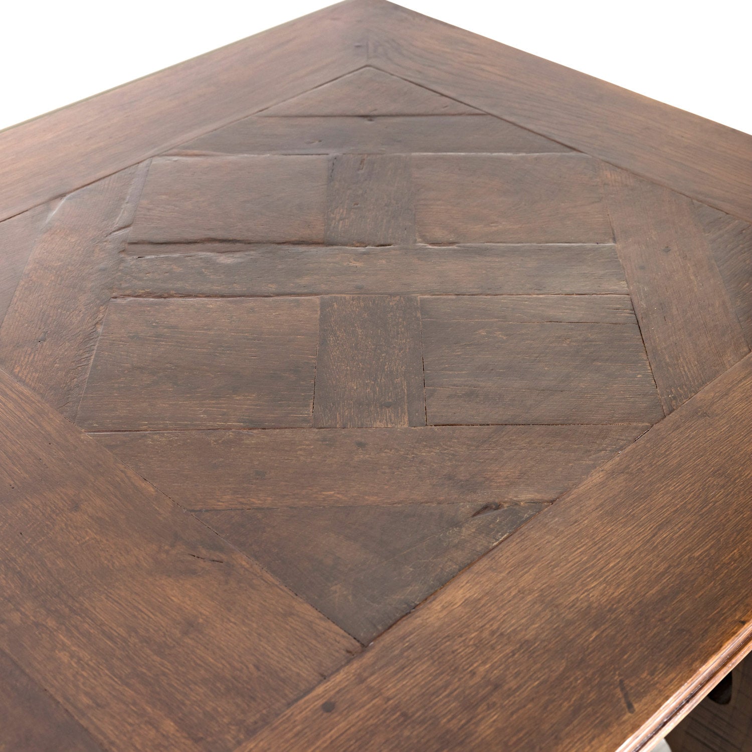 Large Antique French Walnut Trestle Table with Inset Parquet de Versailles Top and Iron Stretcher 