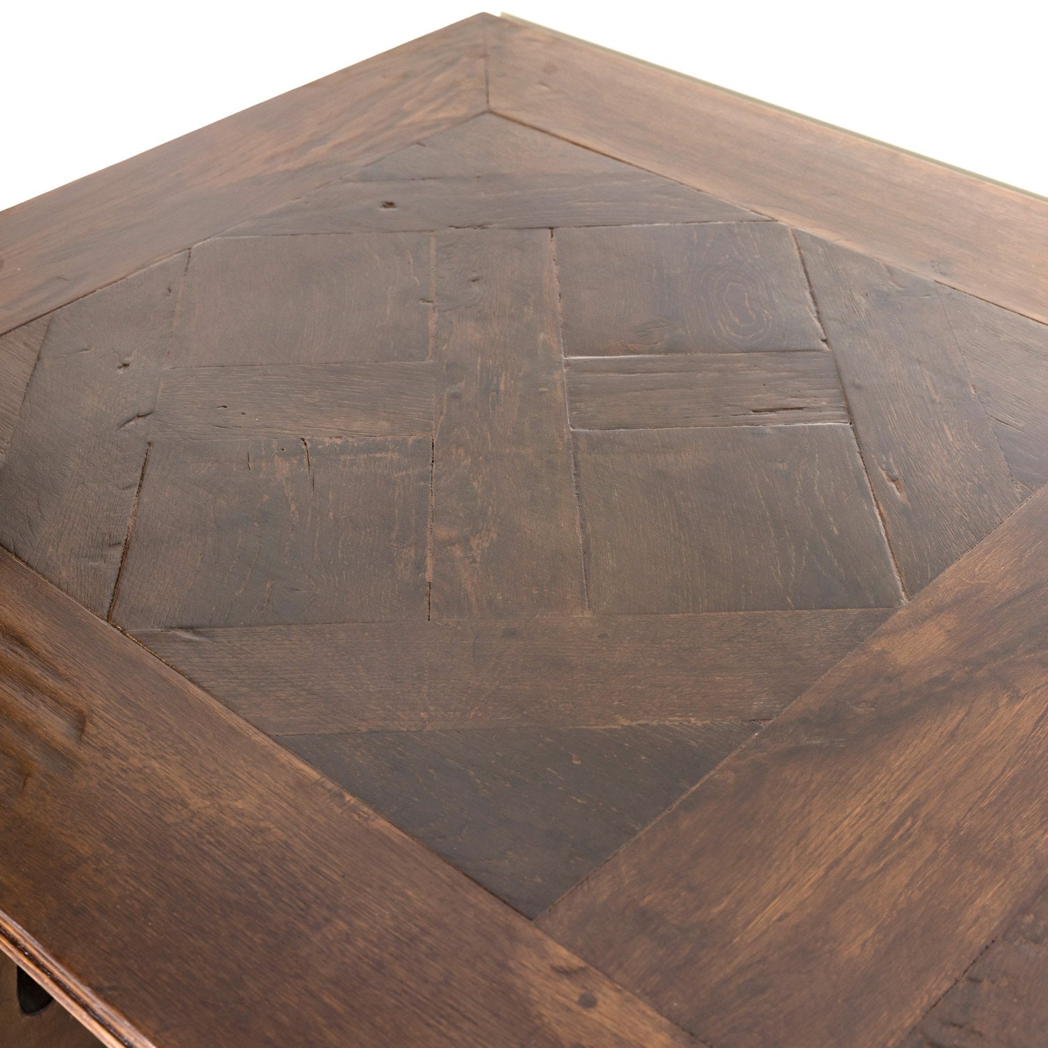 Large Antique French Walnut Trestle Table with Inset Parquet de Versailles Top and Iron Stretcher 