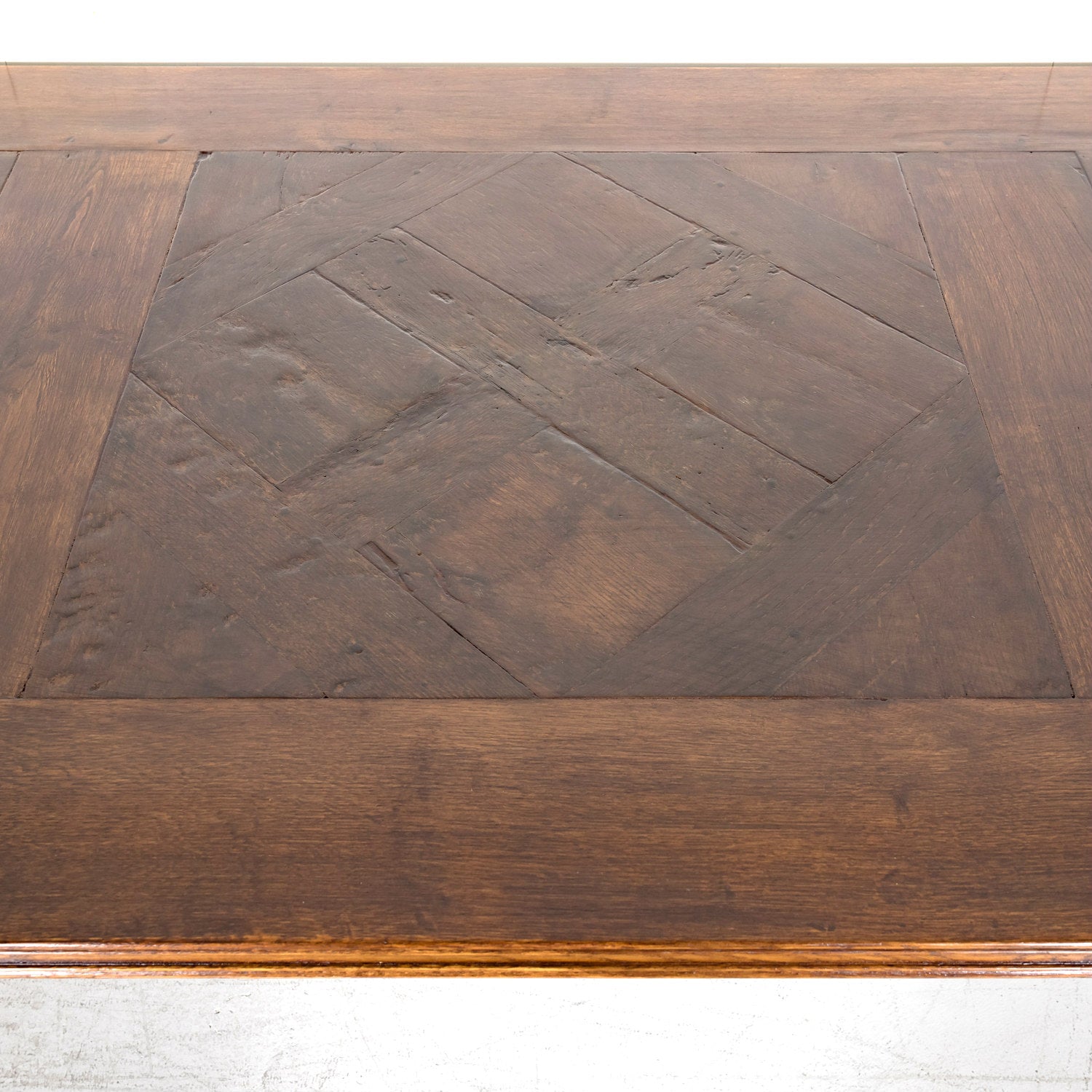 Large Antique French Walnut Trestle Table with Inset Parquet de Versailles Top and Iron Stretcher 