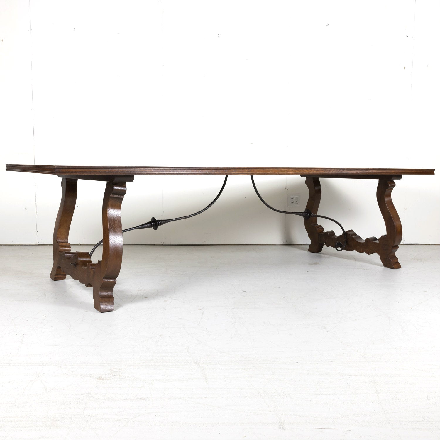 Large Antique French Walnut Trestle Table with Inset Parquet de Versailles Top and Iron Stretcher 