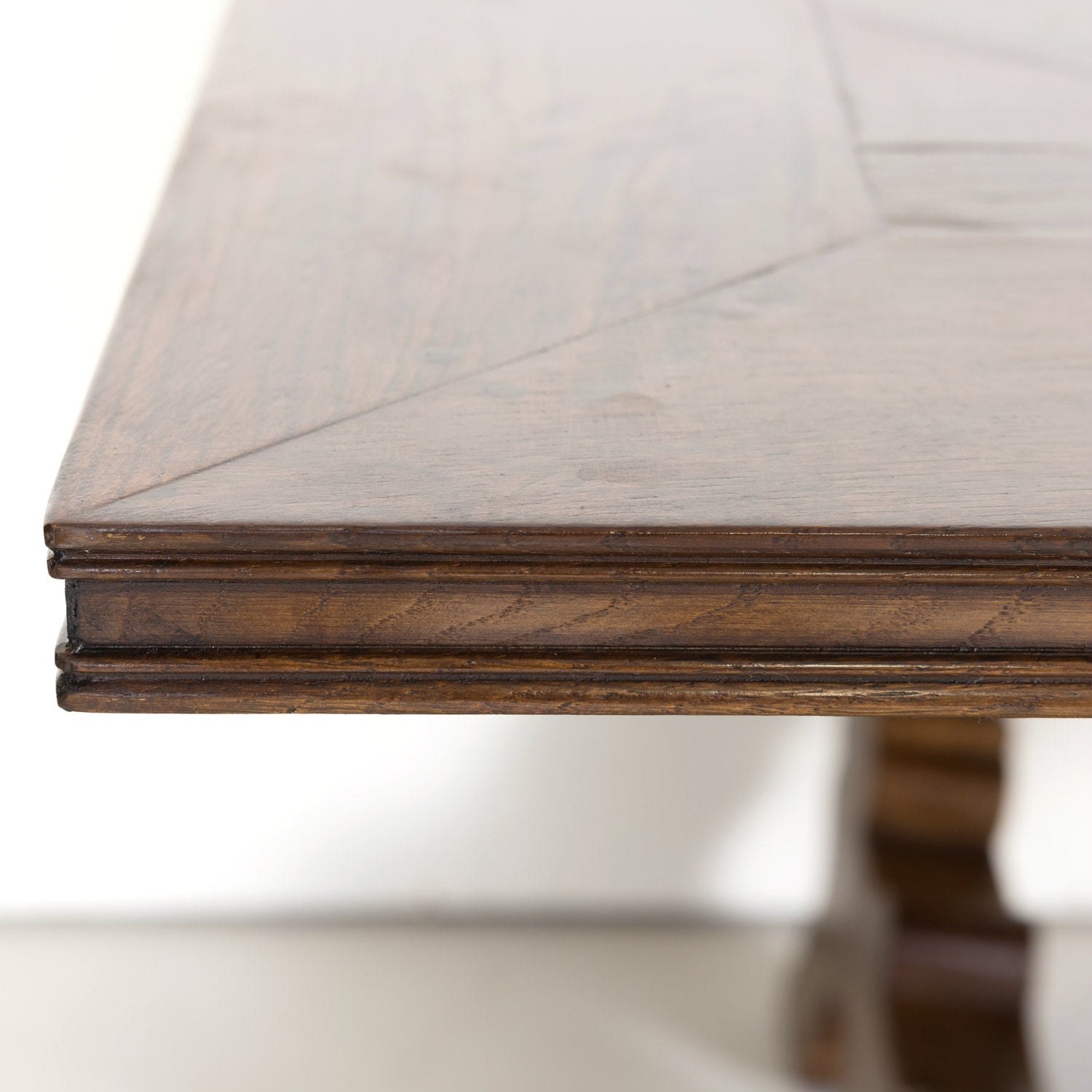 Large Antique French Walnut Trestle Table with Inset Parquet de Versailles Top and Iron Stretcher 