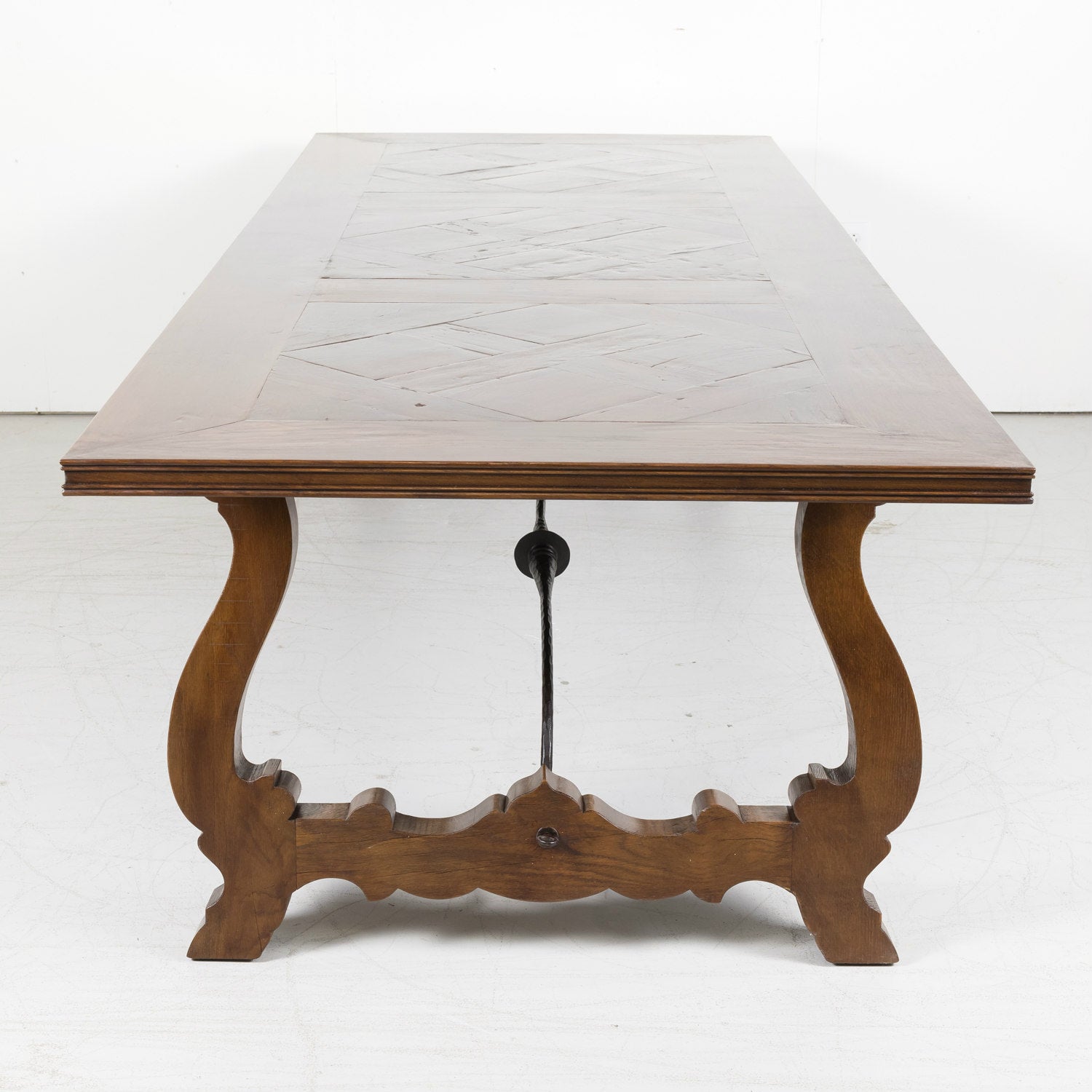 Large Antique French Walnut Trestle Table with Inset Parquet de Versailles Top and Iron Stretcher 