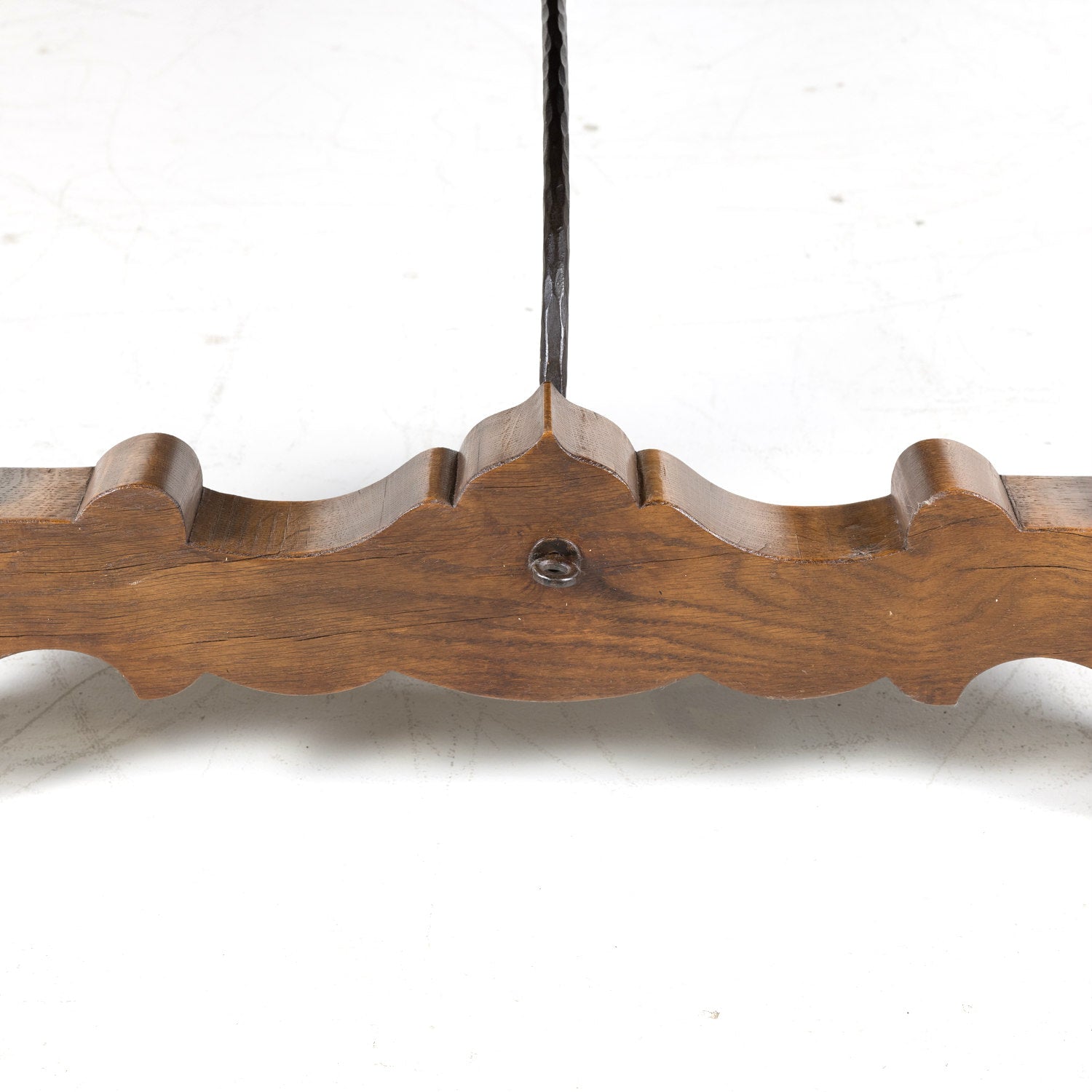 Large Antique French Walnut Trestle Table with Inset Parquet de Versailles Top and Iron Stretcher 