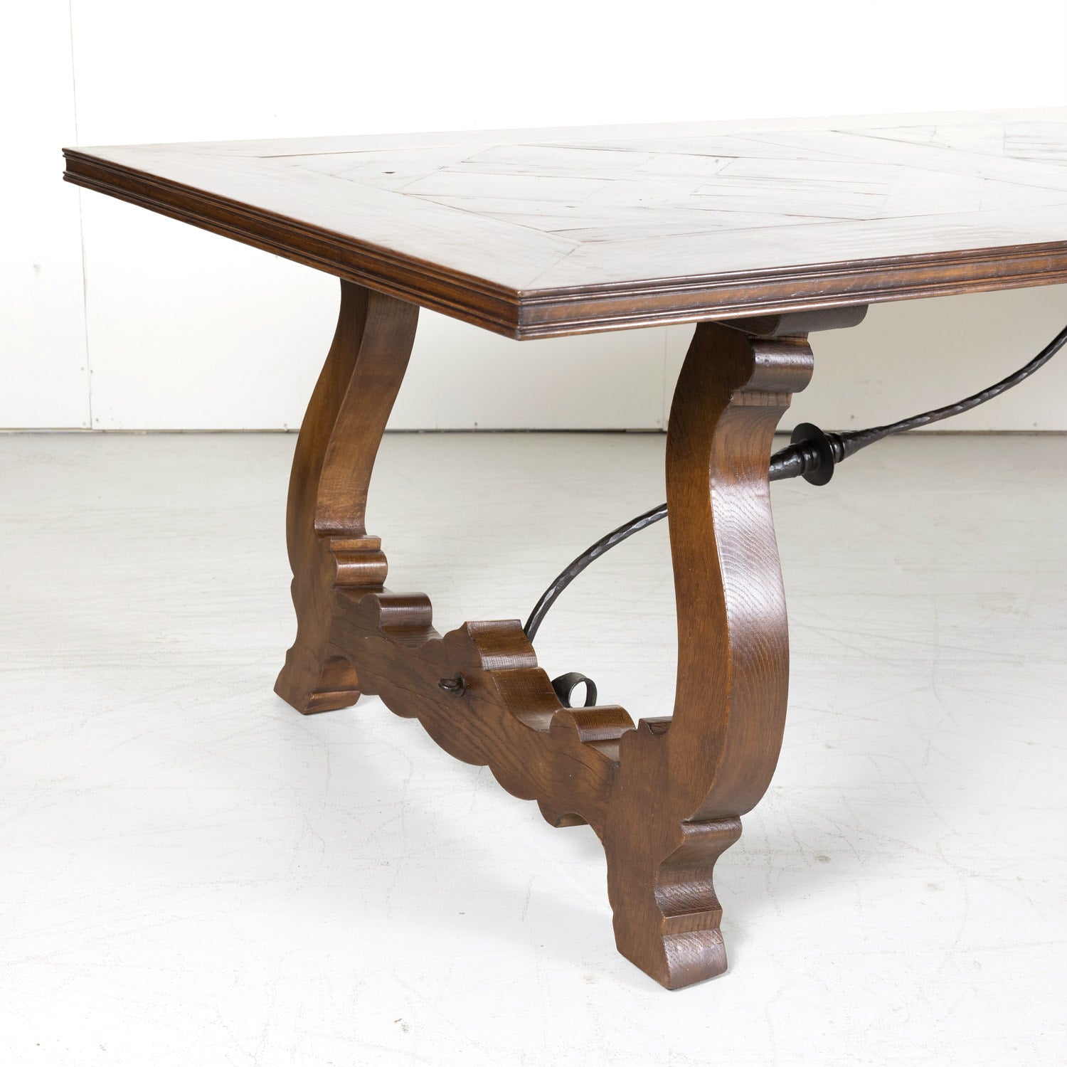 Large Antique French Walnut Trestle Table with Inset Parquet de Versailles Top and Iron Stretcher 
