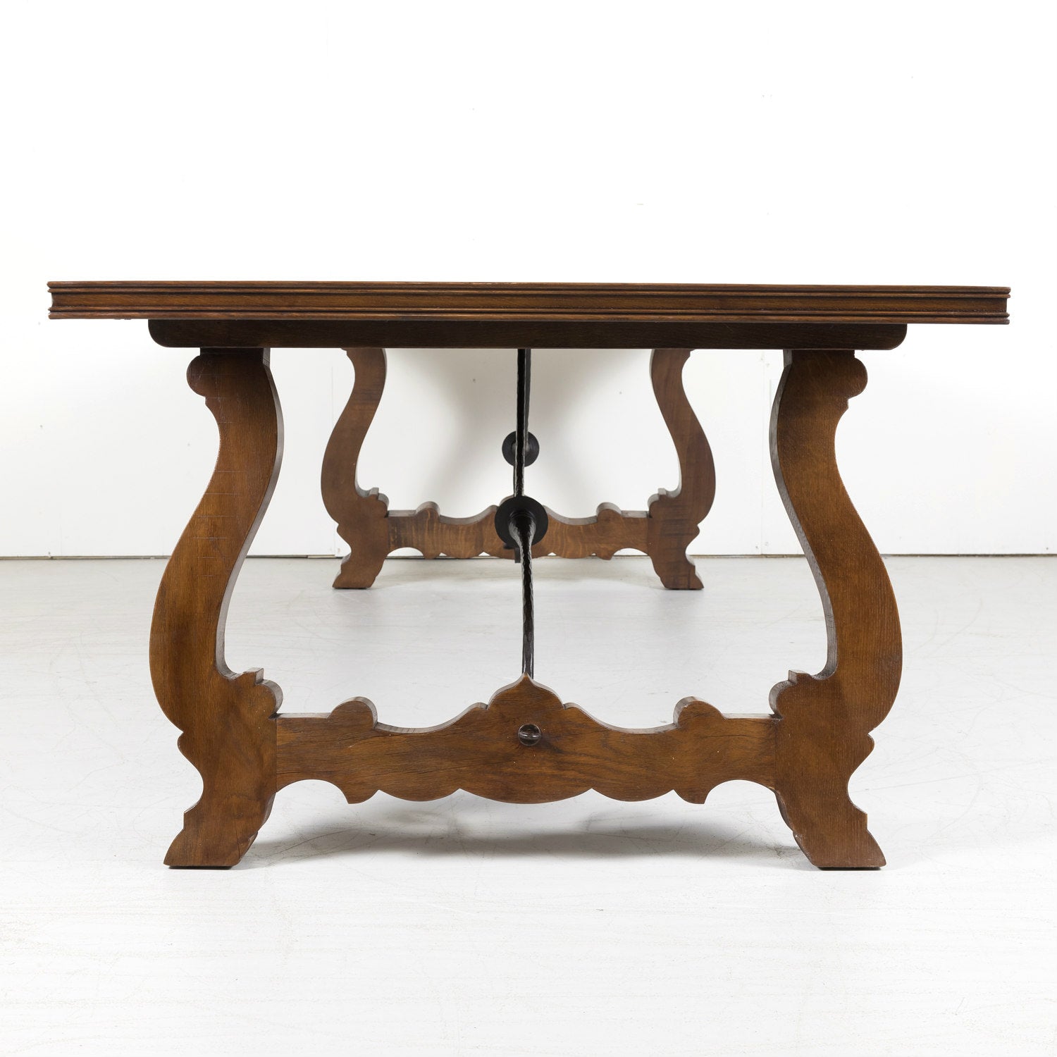 Large Antique French Walnut Trestle Table with Inset Parquet de Versailles Top and Iron Stretcher 