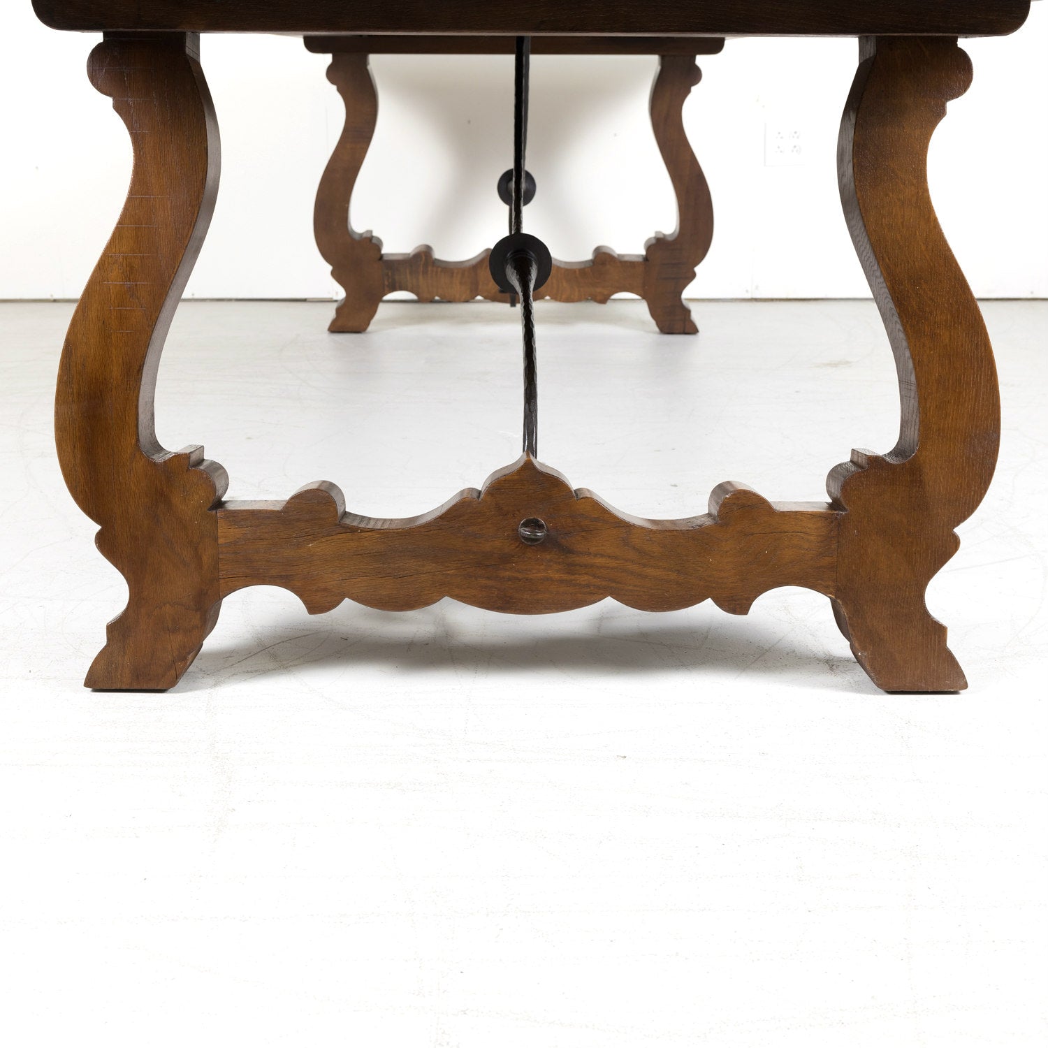 Large Antique French Walnut Trestle Table with Inset Parquet de Versailles Top and Iron Stretcher 