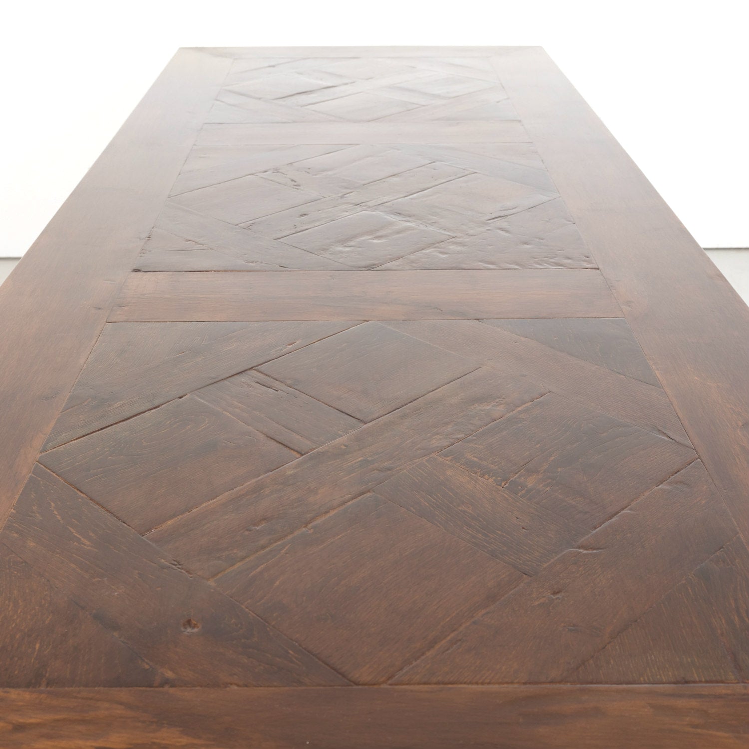 Large Antique French Walnut Trestle Table with Inset Parquet de Versailles Top and Iron Stretcher 