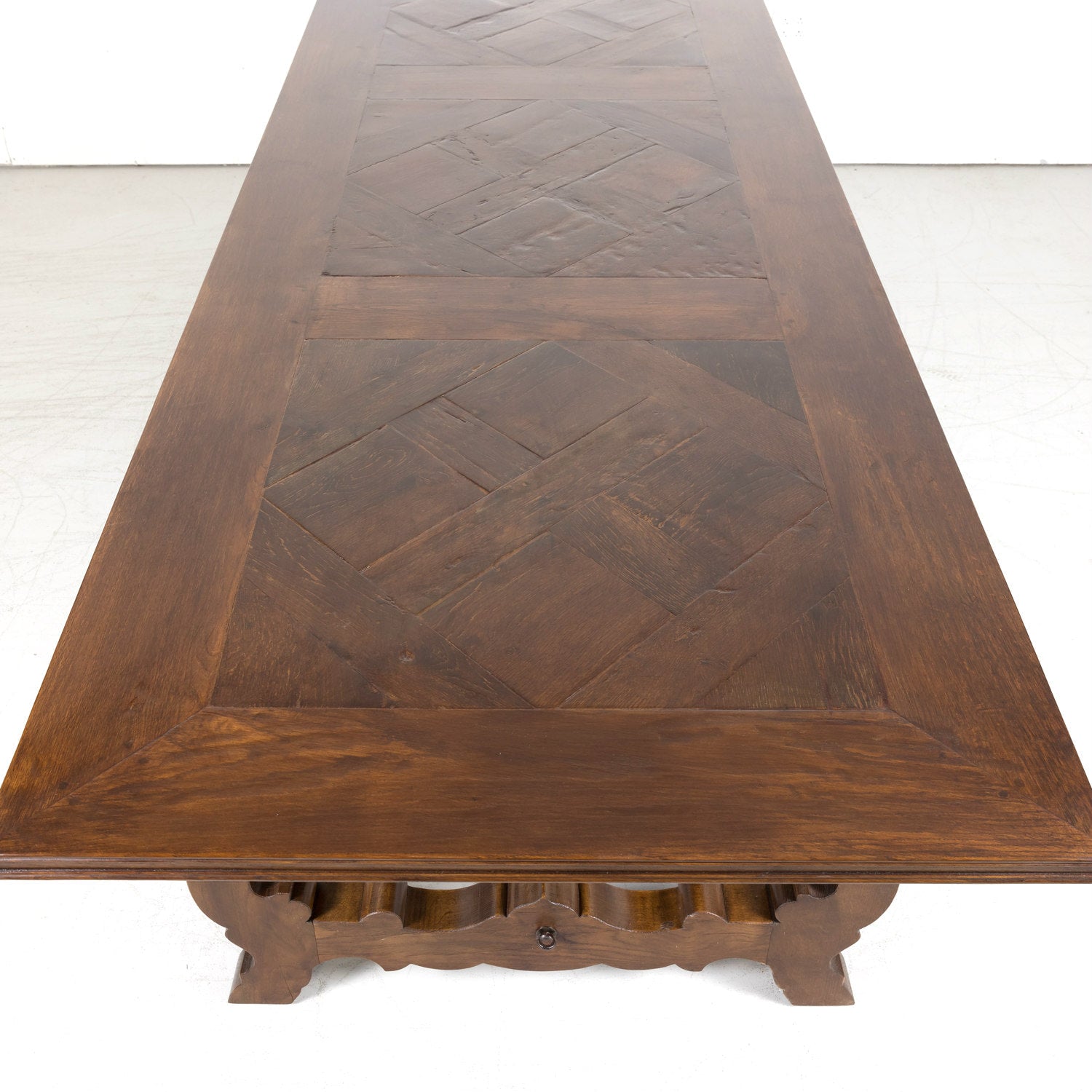 Large Antique French Walnut Trestle Table with Inset Parquet de Versailles Top and Iron Stretcher 
