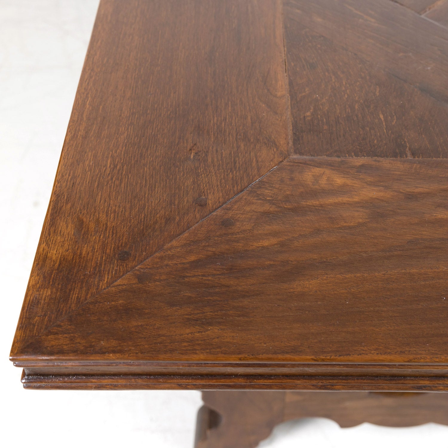 Large Antique French Walnut Trestle Table with Inset Parquet de Versailles Top and Iron Stretcher 