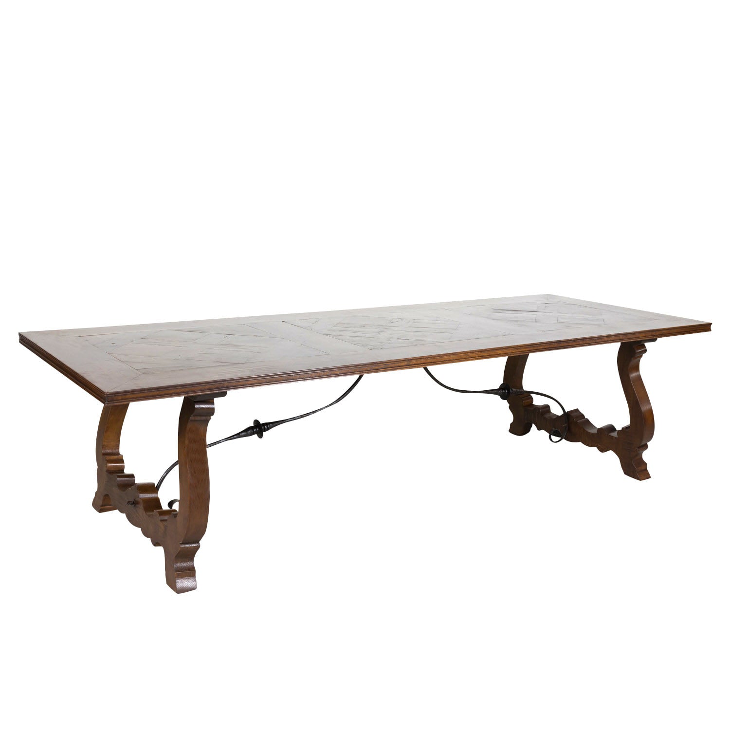 Large Antique French Walnut Trestle Table with Inset Parquet de Versailles Top and Iron Stretcher 