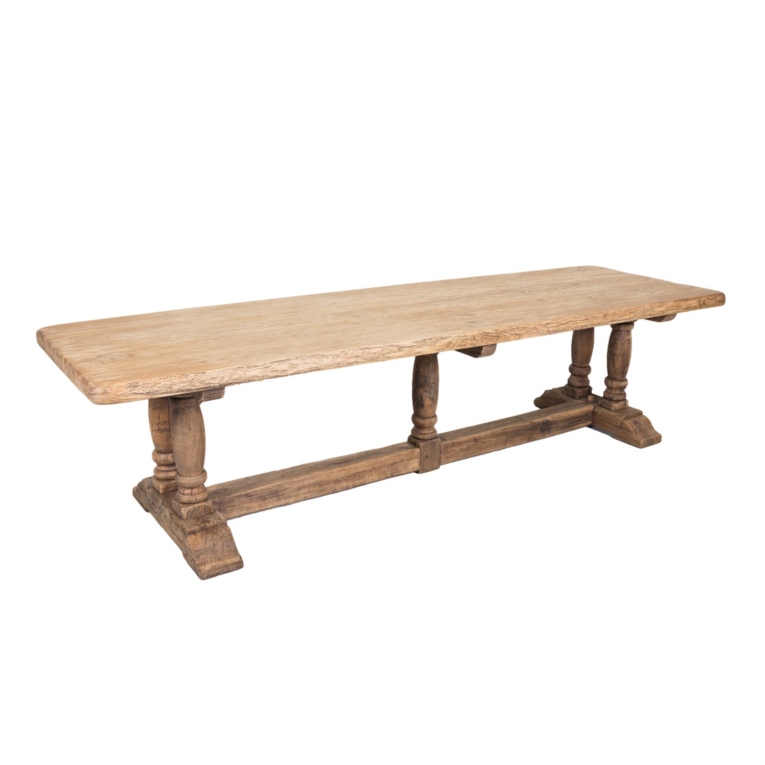 19th Century French Bleached Oak Baluster Leg Trestle Table