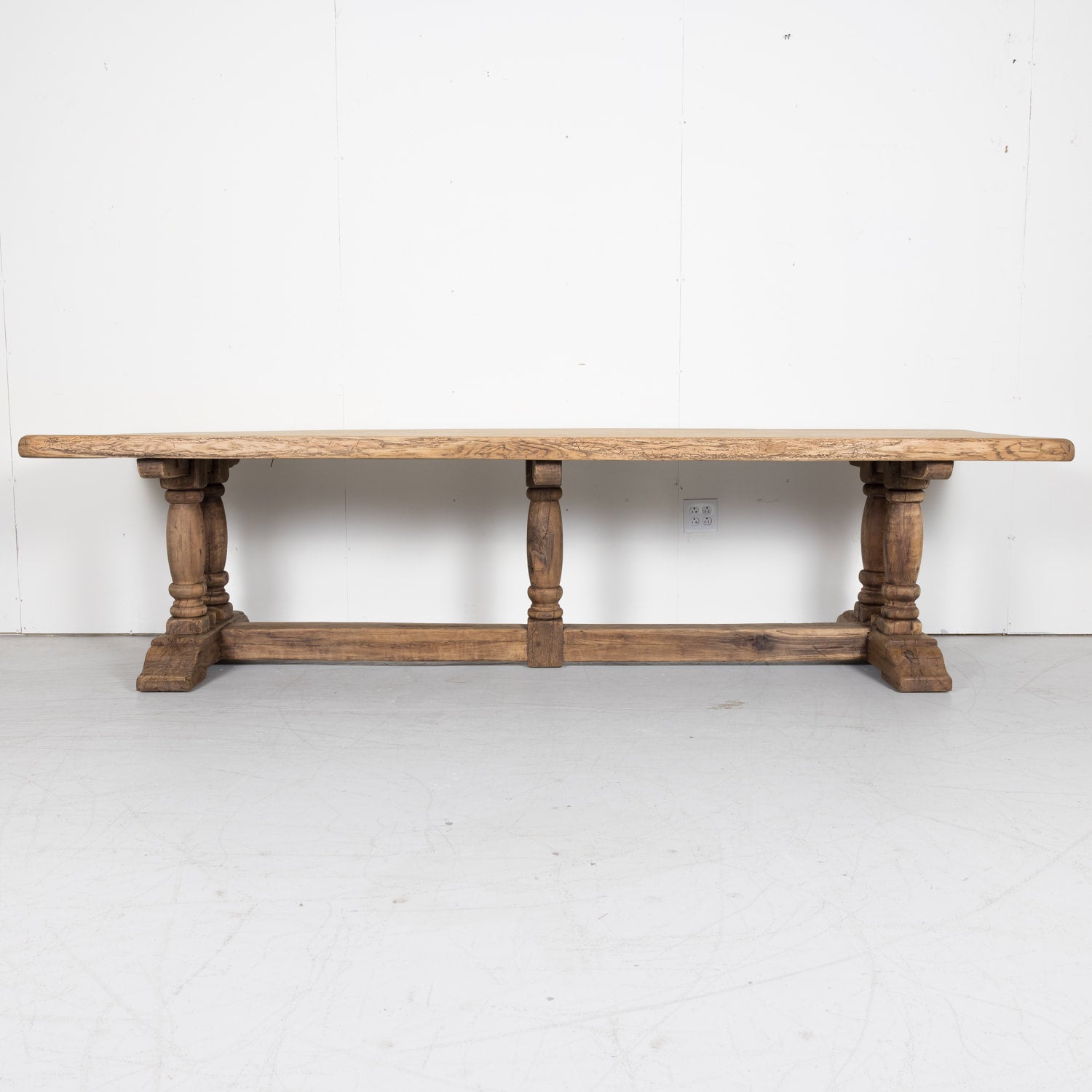 19th Century French Bleached Oak Baluster Leg Trestle Table