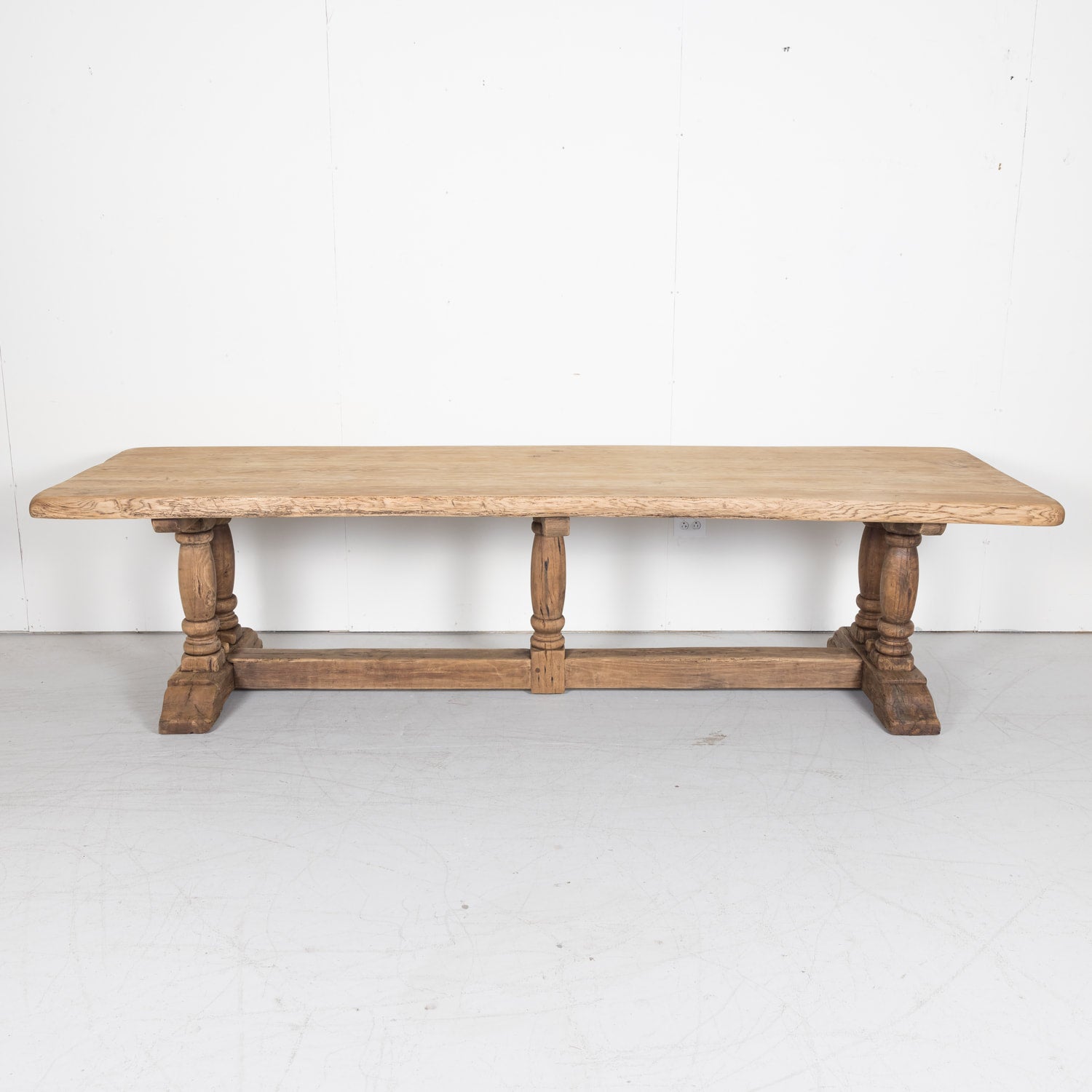 19th Century French Bleached Oak Baluster Leg Trestle Table