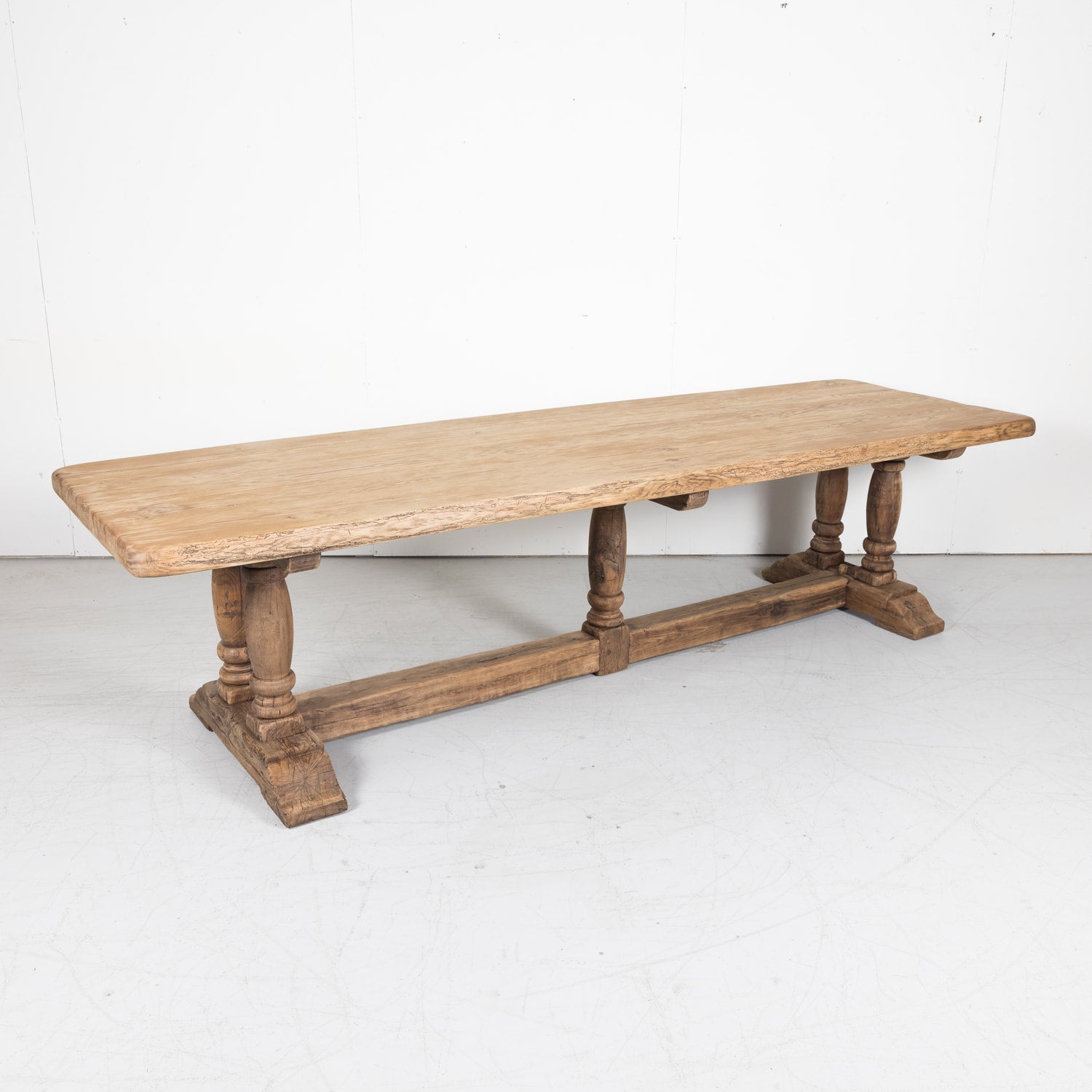 19th Century French Bleached Oak Baluster Leg Trestle Table