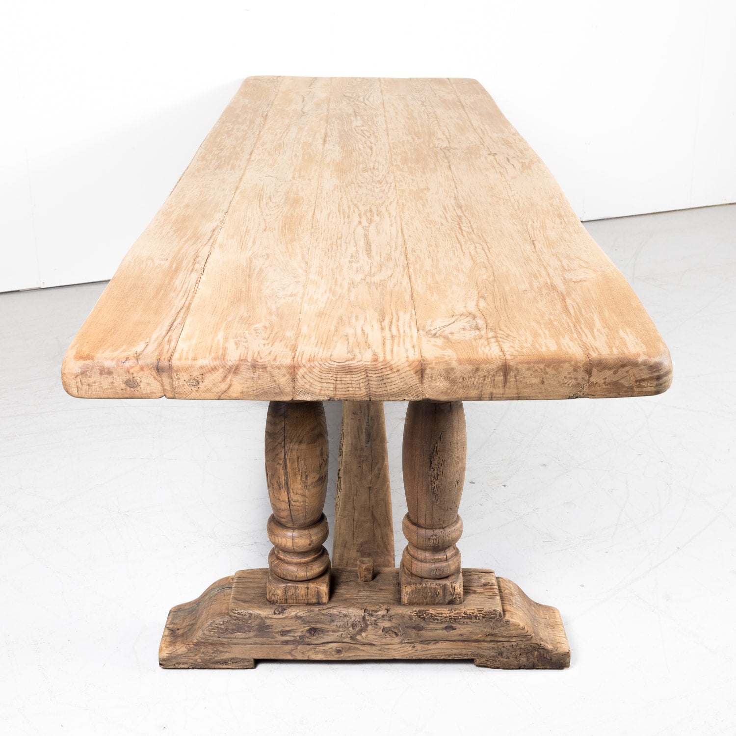 19th Century French Bleached Oak Baluster Leg Trestle Table