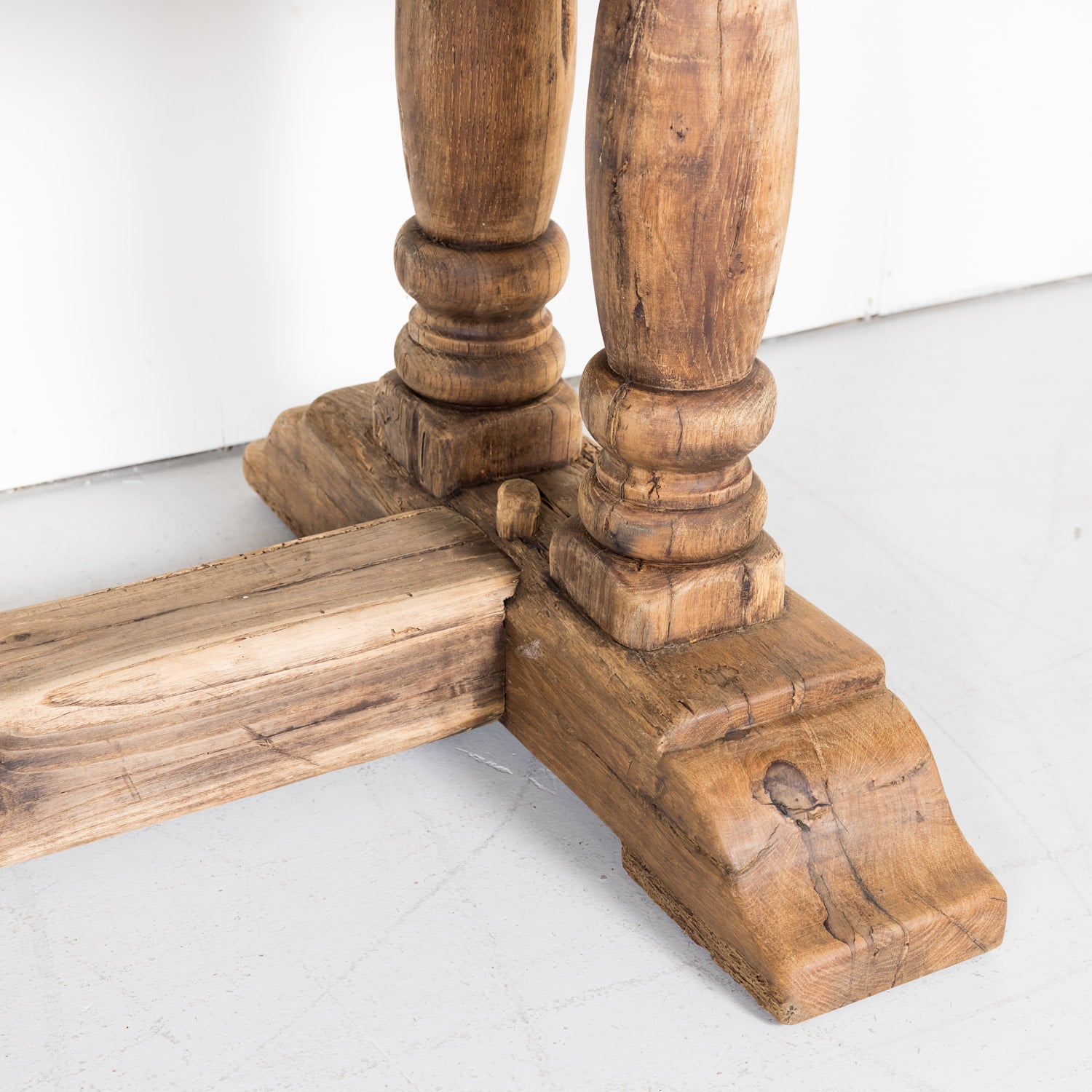 19th Century French Bleached Oak Baluster Leg Trestle Table