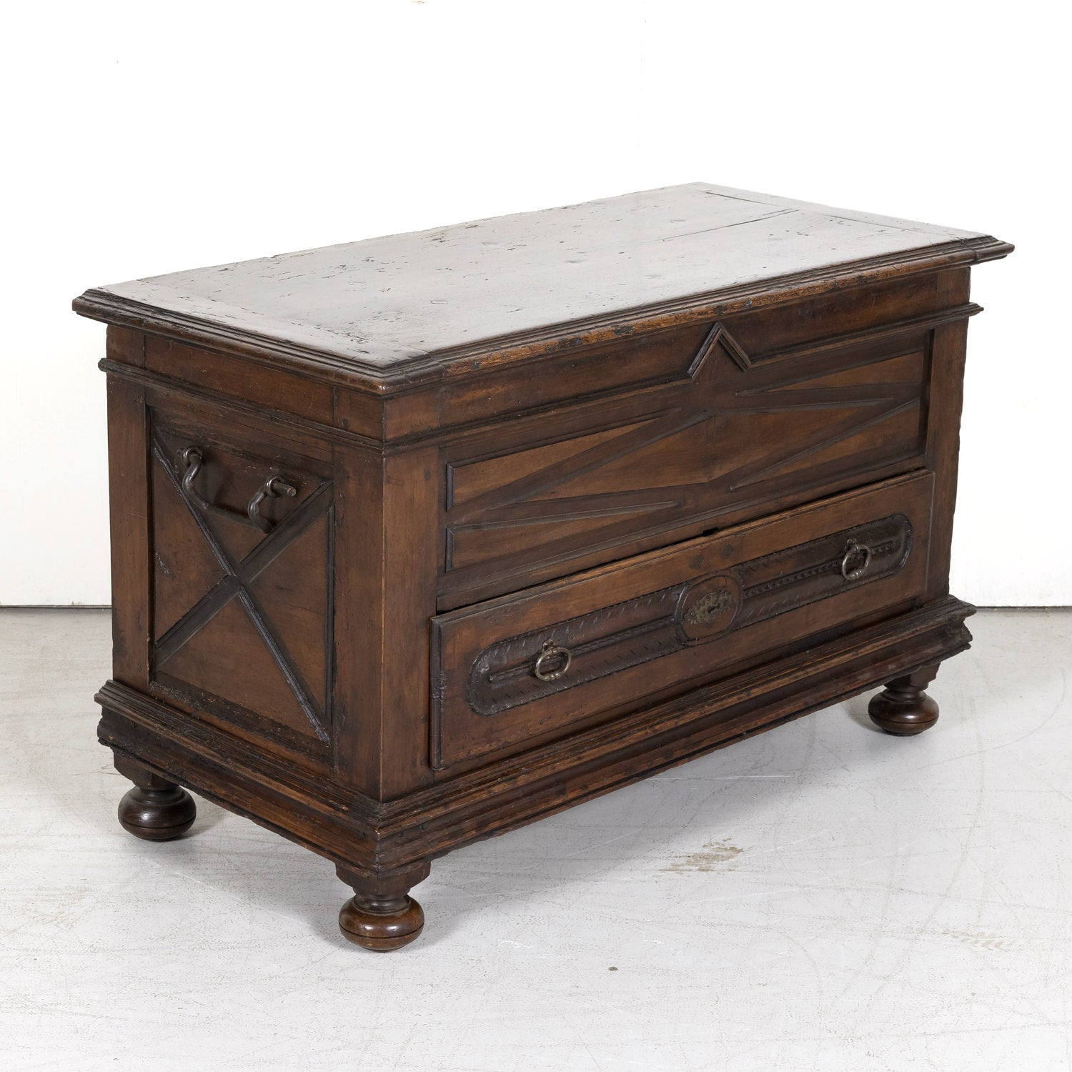 Early 18th Century Louis XIII Style Solid Walnut Lyonnaise Coffer or Trunk with Large Drawer